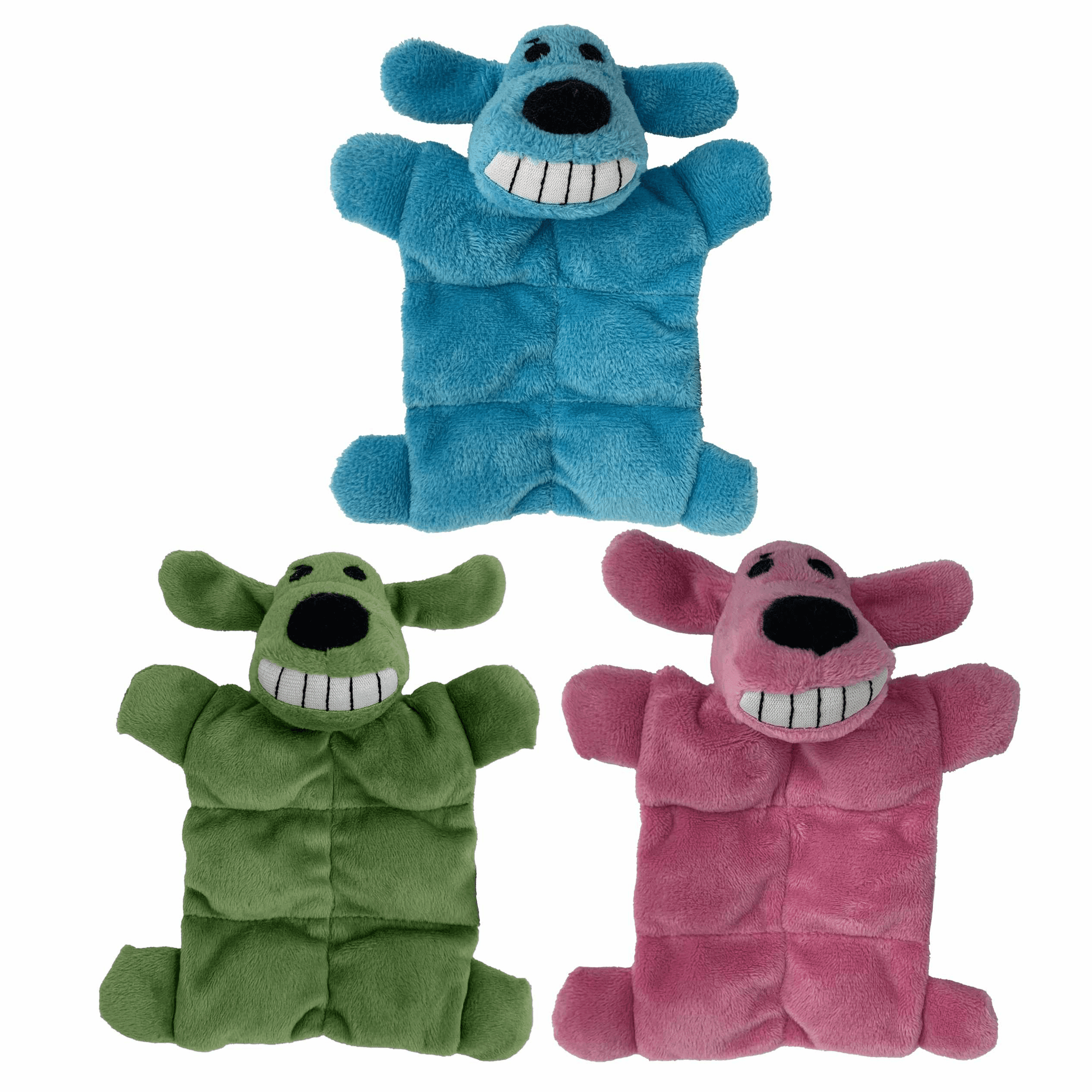 Plush squeaker mat dog toy set in blue, green, and pink with smiling face