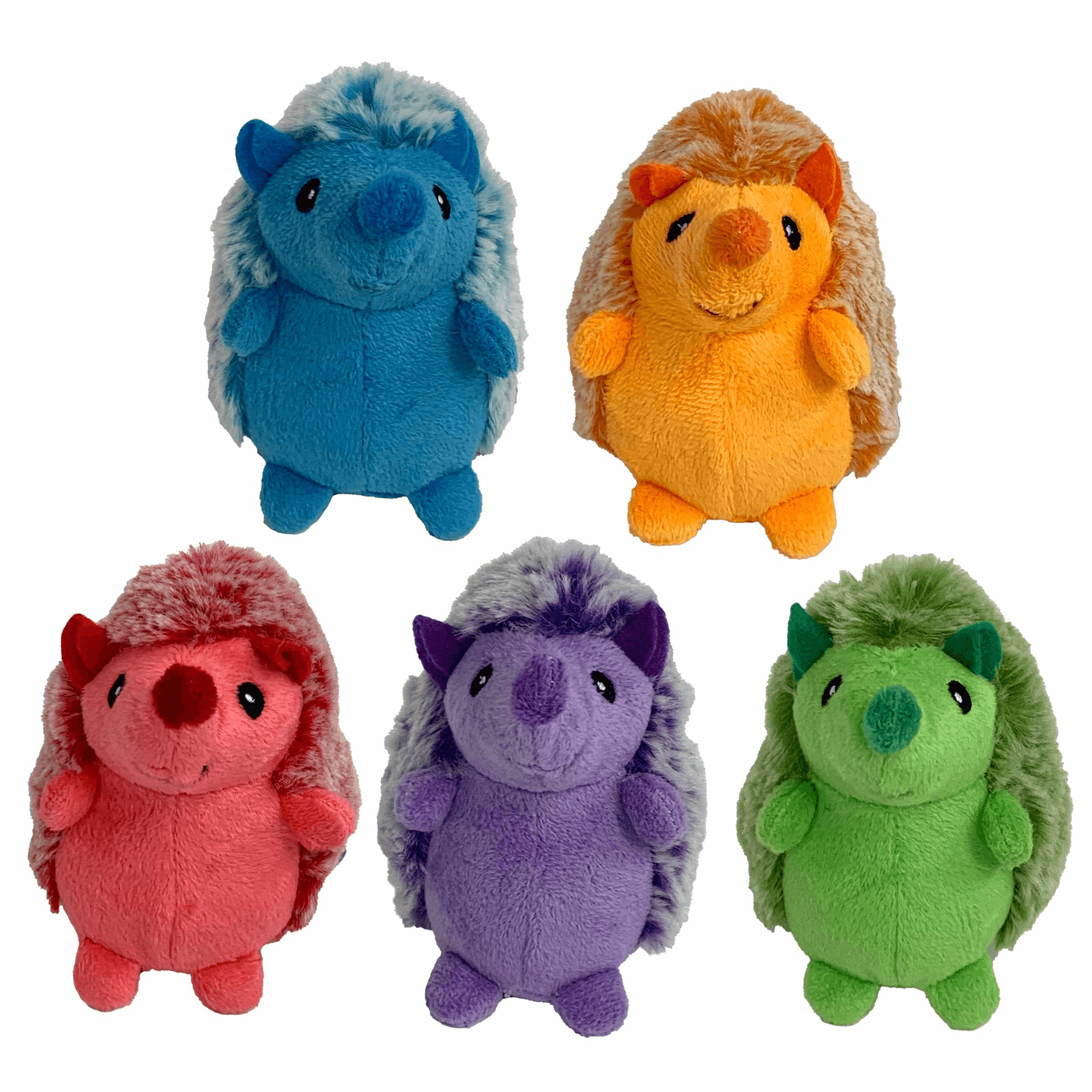 Assorted hedgehog plush dog toys in blue, orange, red, purple, and green