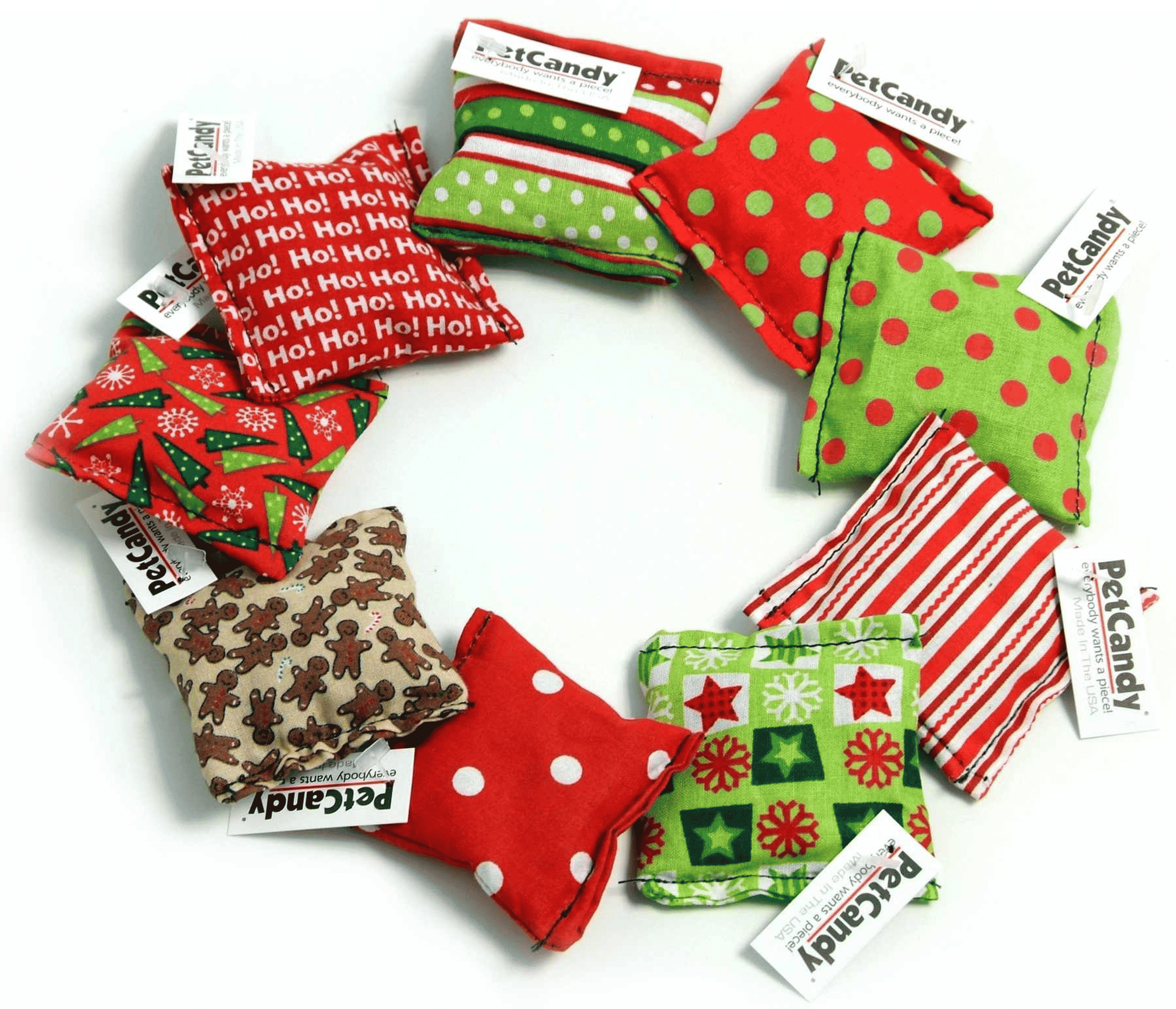 Holiday pet candy kittles plush toys, red green polka dot and striped cat-shaped set