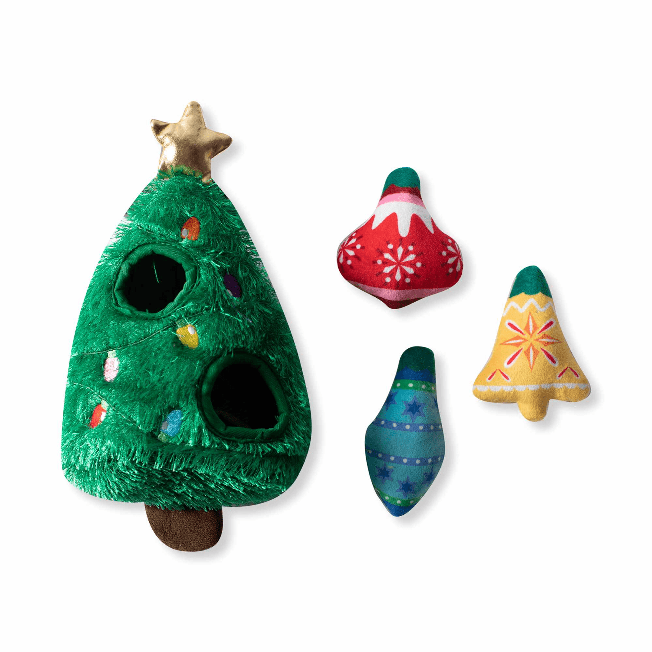 Plush dog toy set of four: green tree and three colorful plush shapes