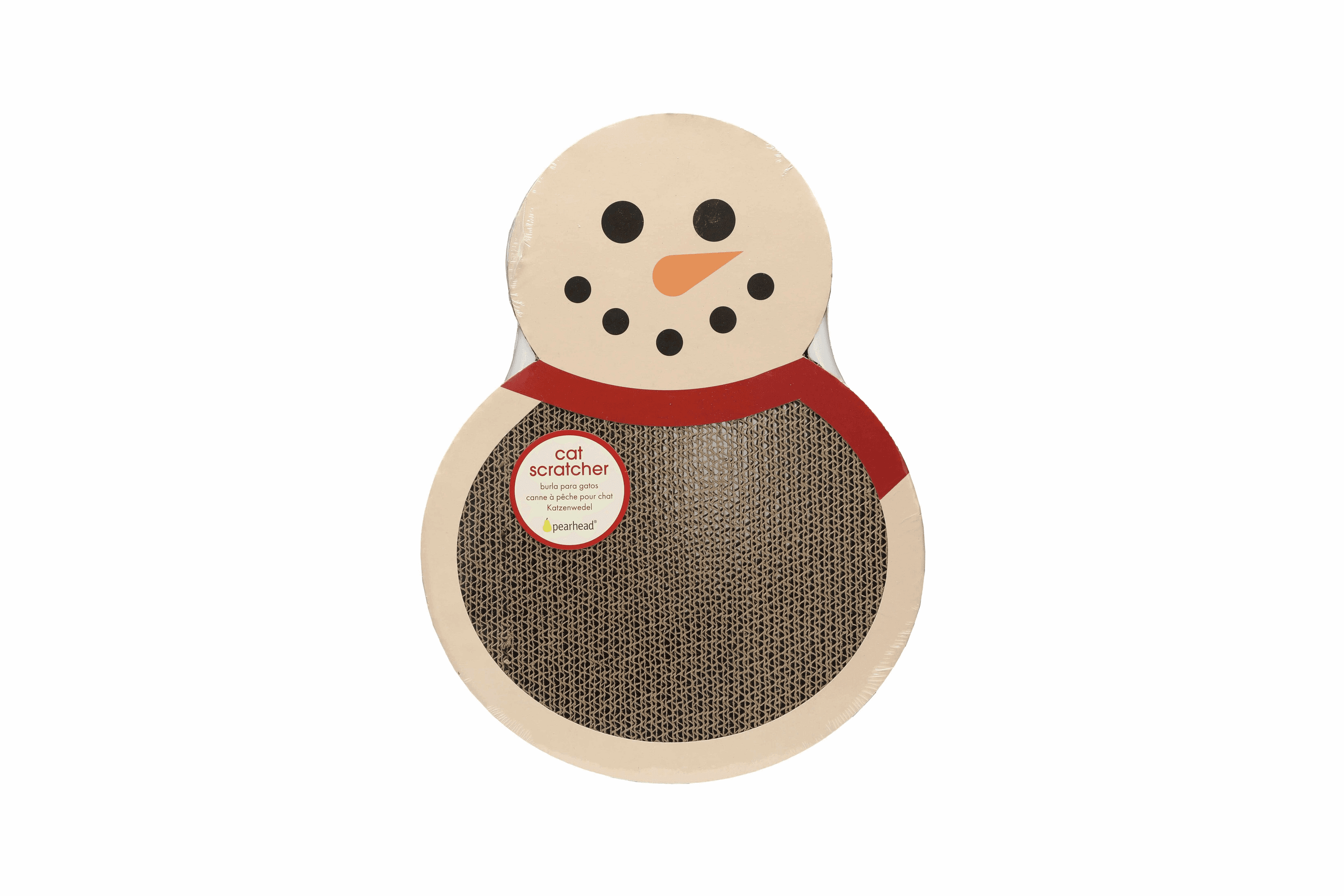Snowman-shaped scratch pad with red scarf and cat scratcher label