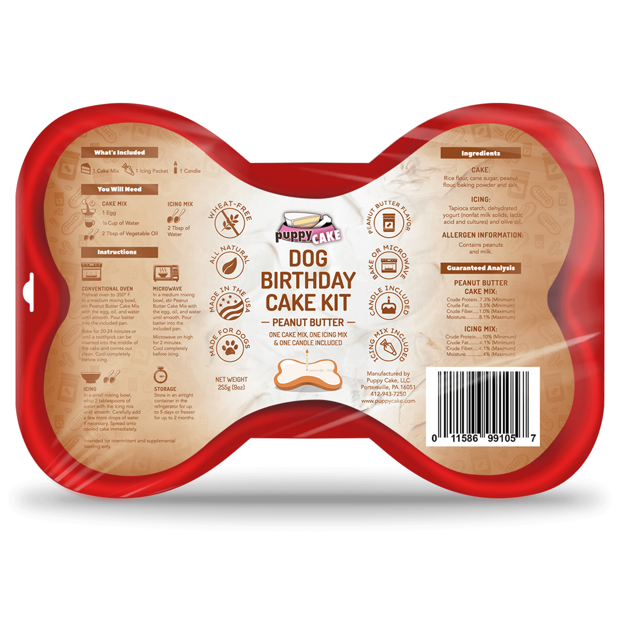 Dog birthday cake kit back with Puppy Cake logo, ingredients and allergy info