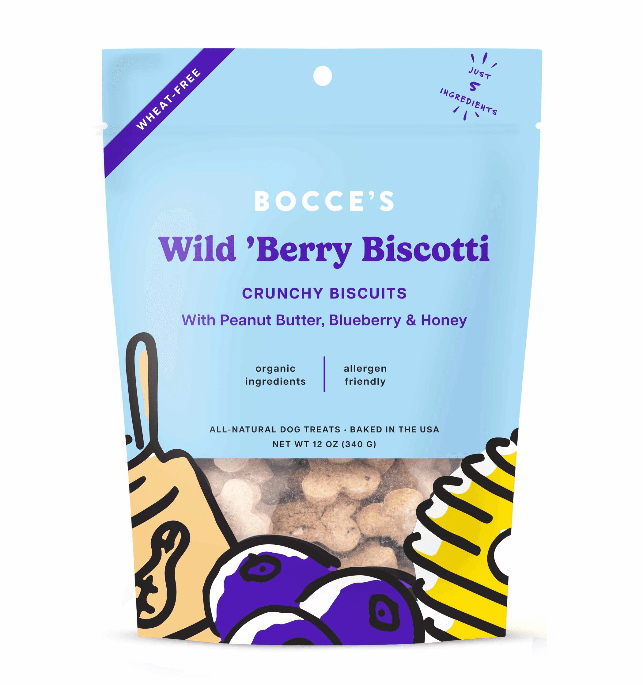 Light blue dog treat pouch labeled Wild 'Berry Biscotti, crunchy biscuits, 12 oz