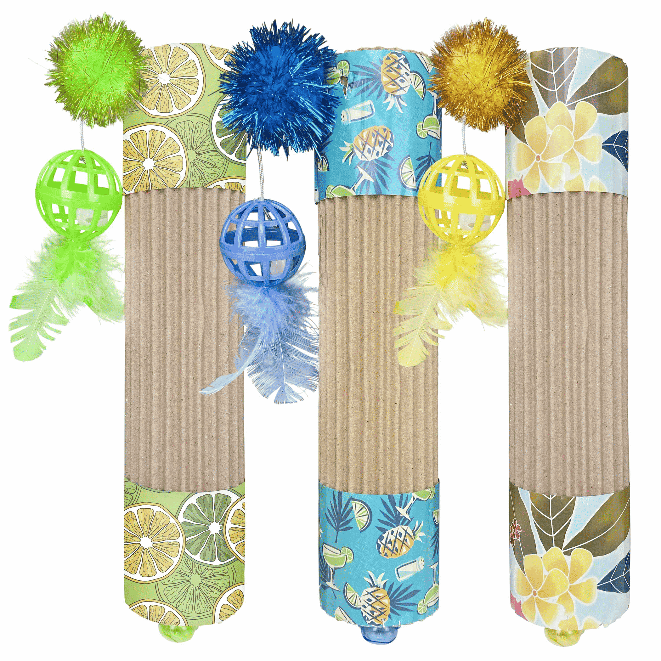 Cat roller toy with cardboard tube, dangling pom pom and feather streamers, tropical print