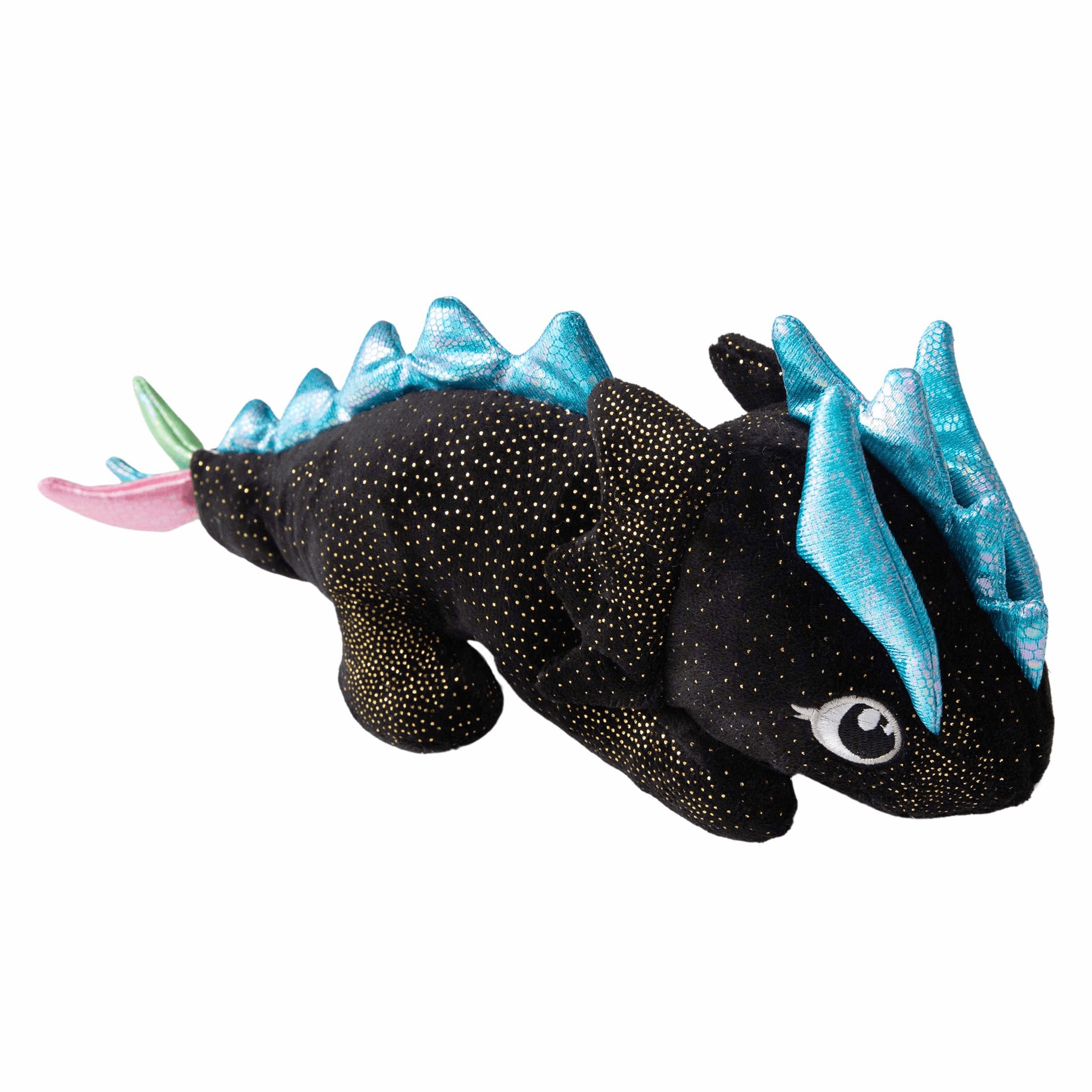 Black plush dragon dog toy with blue dorsal spikes and wings, long snout and eye