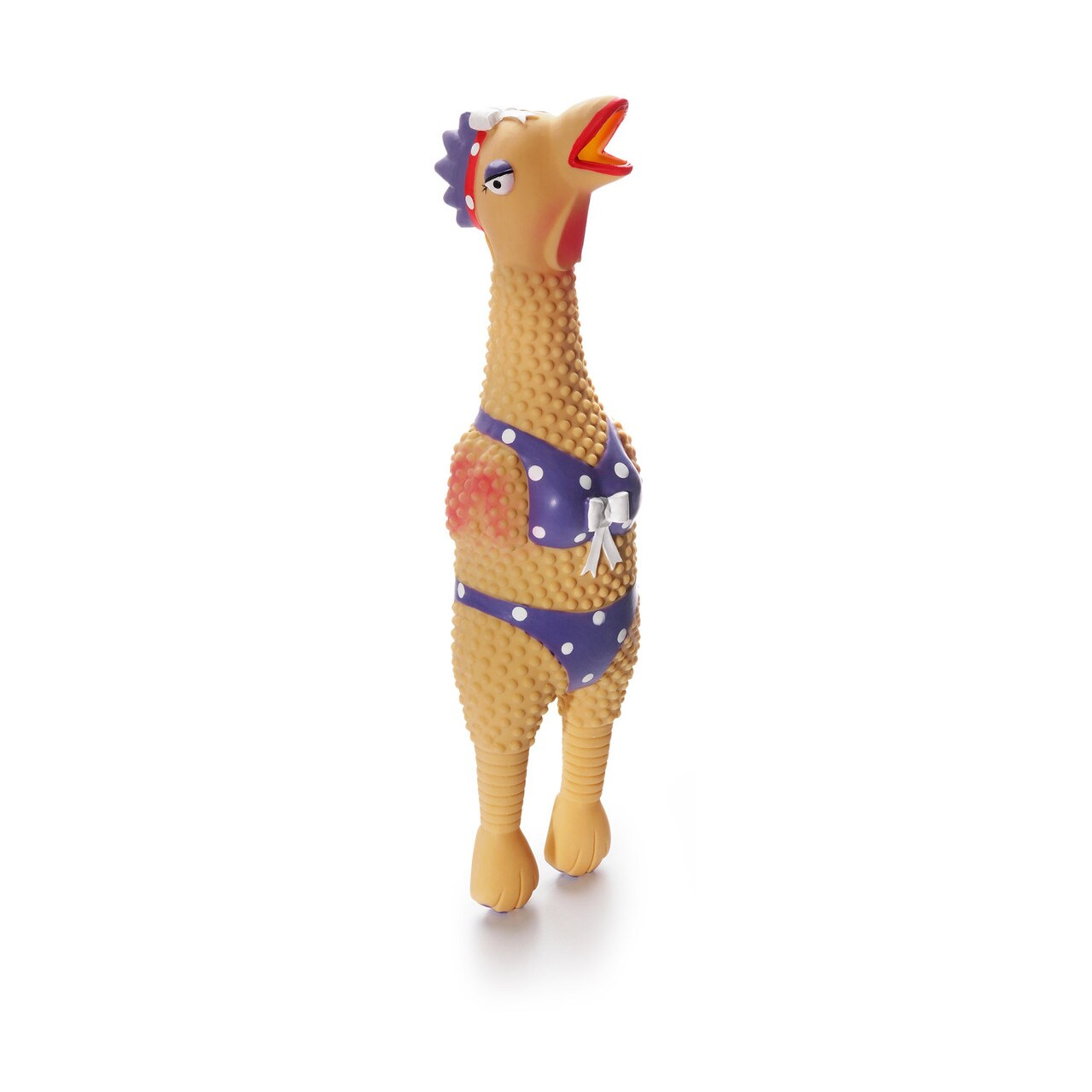 Large yellow latex rubber chicken toy with blue spotted outfit and red comb