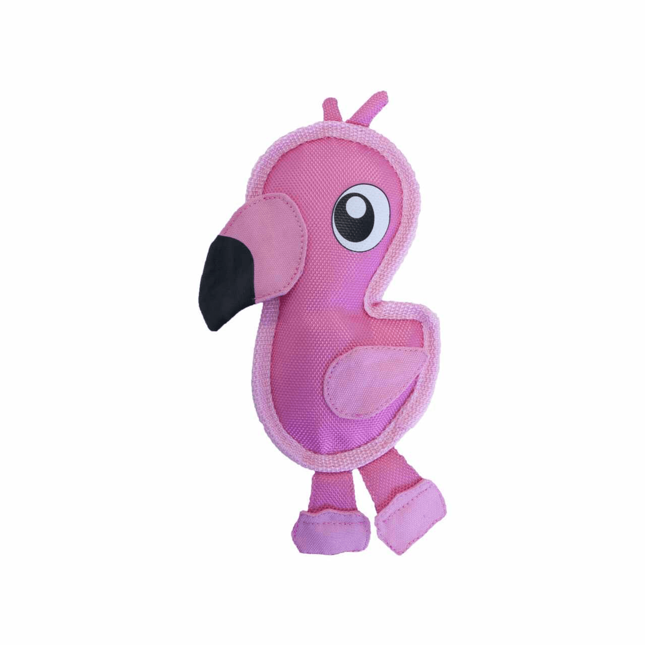 Durable pink flamingo plush dog toy with black beak and large embroidered eye