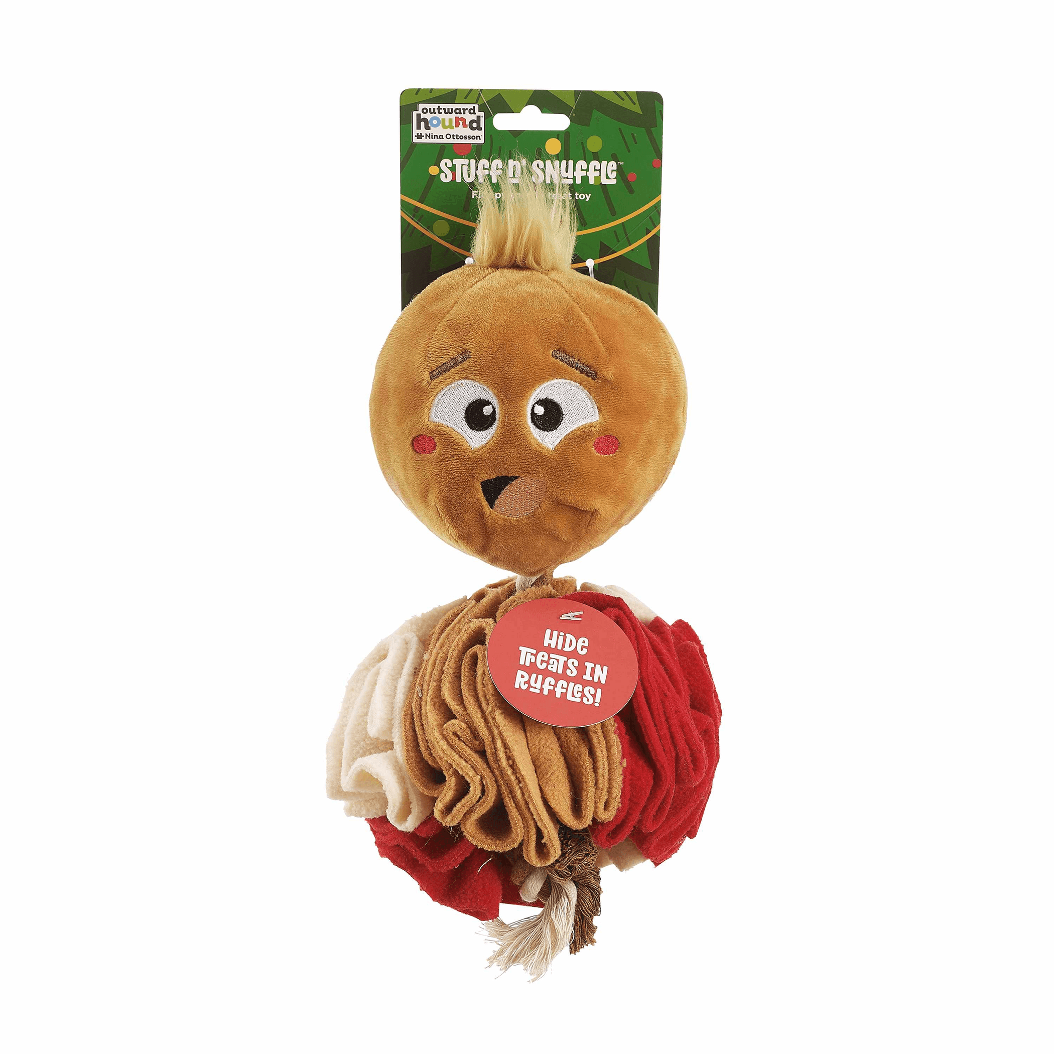 Brown plush gingerbread-man interactive dog toy with red scarf and hidden crinkle filling