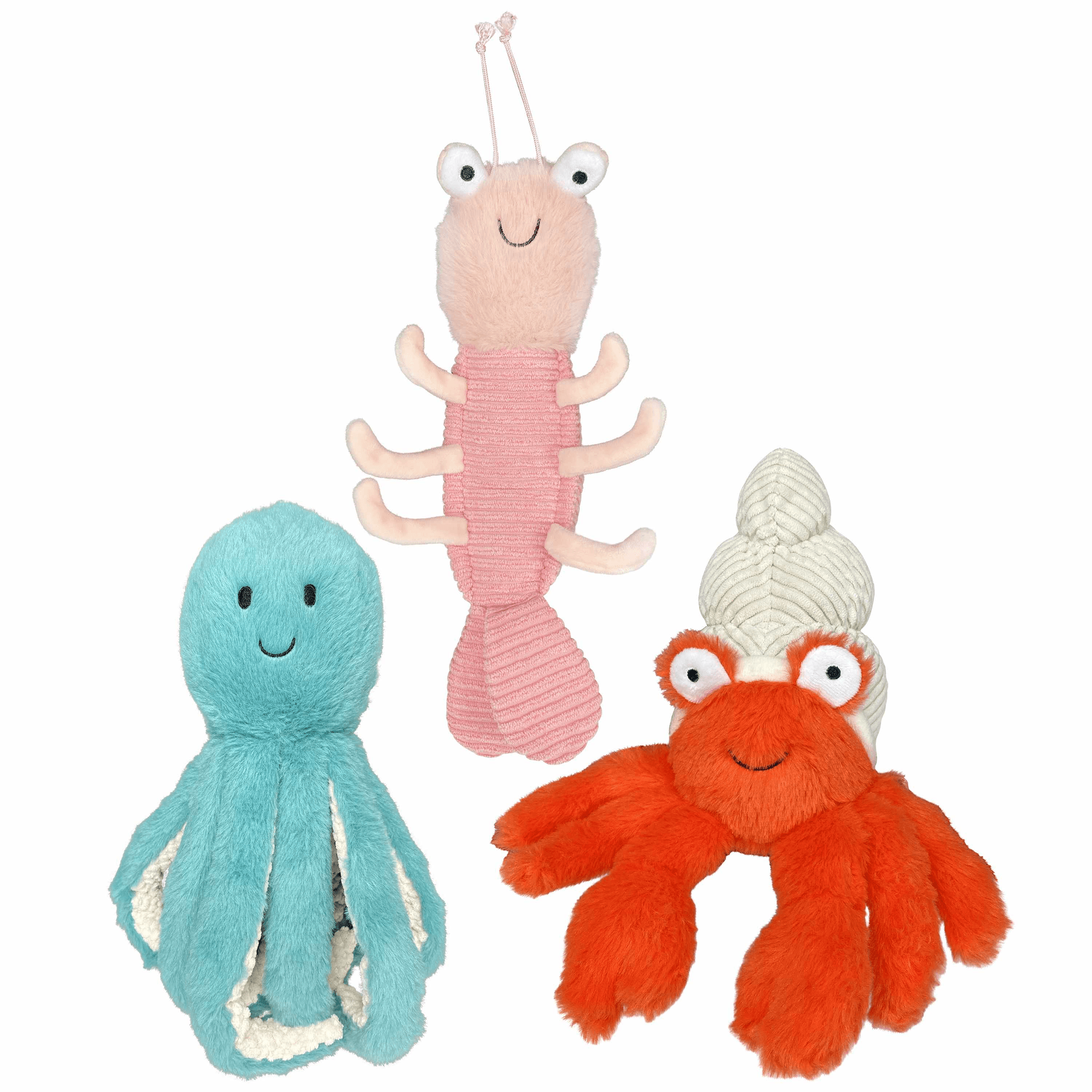 Assorted plush coral reef dog toys: blue octopus, pink striped sea creature, orange crab