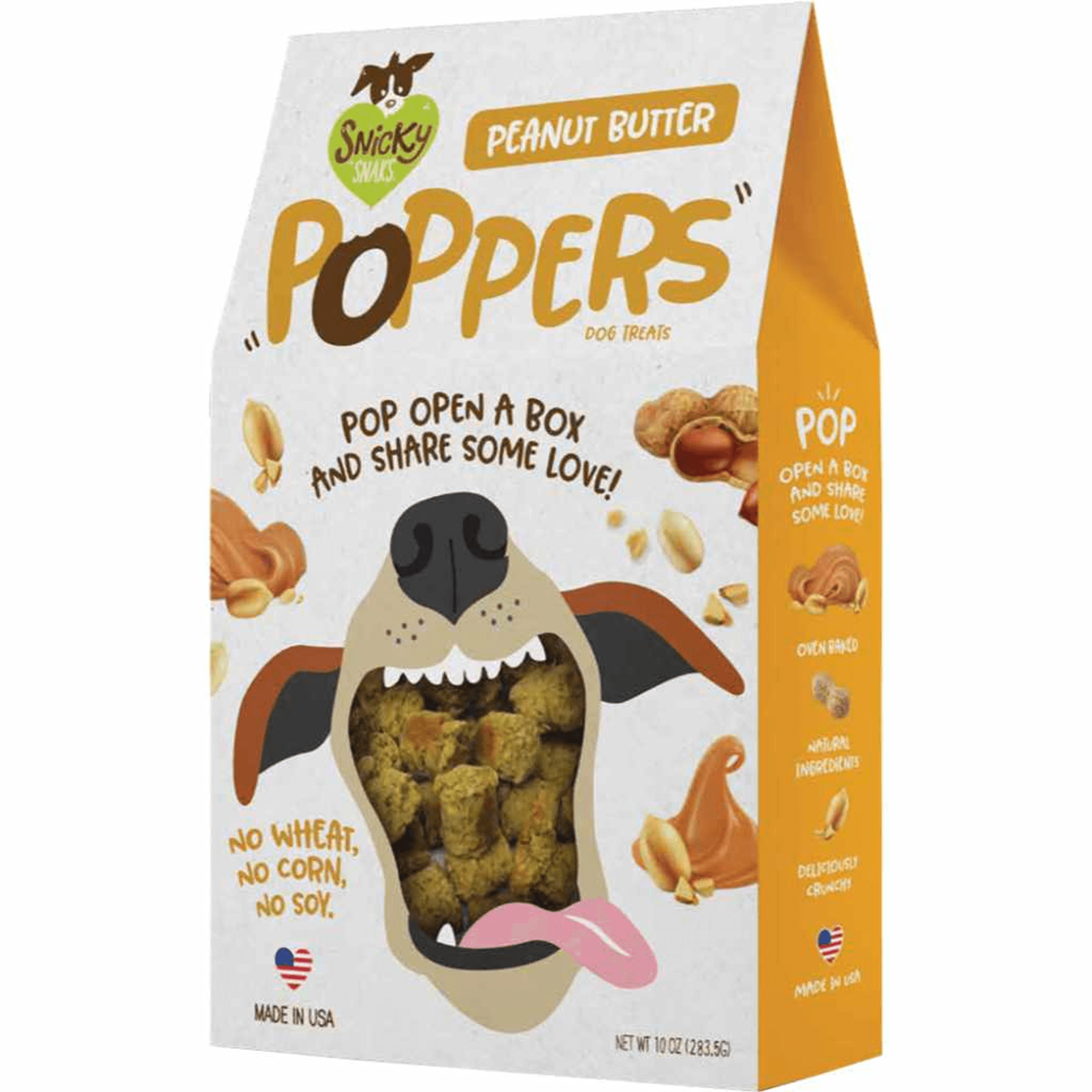 Snicky Snaks Peanut Butter Poppers dog treat box with peanut & dog graphic