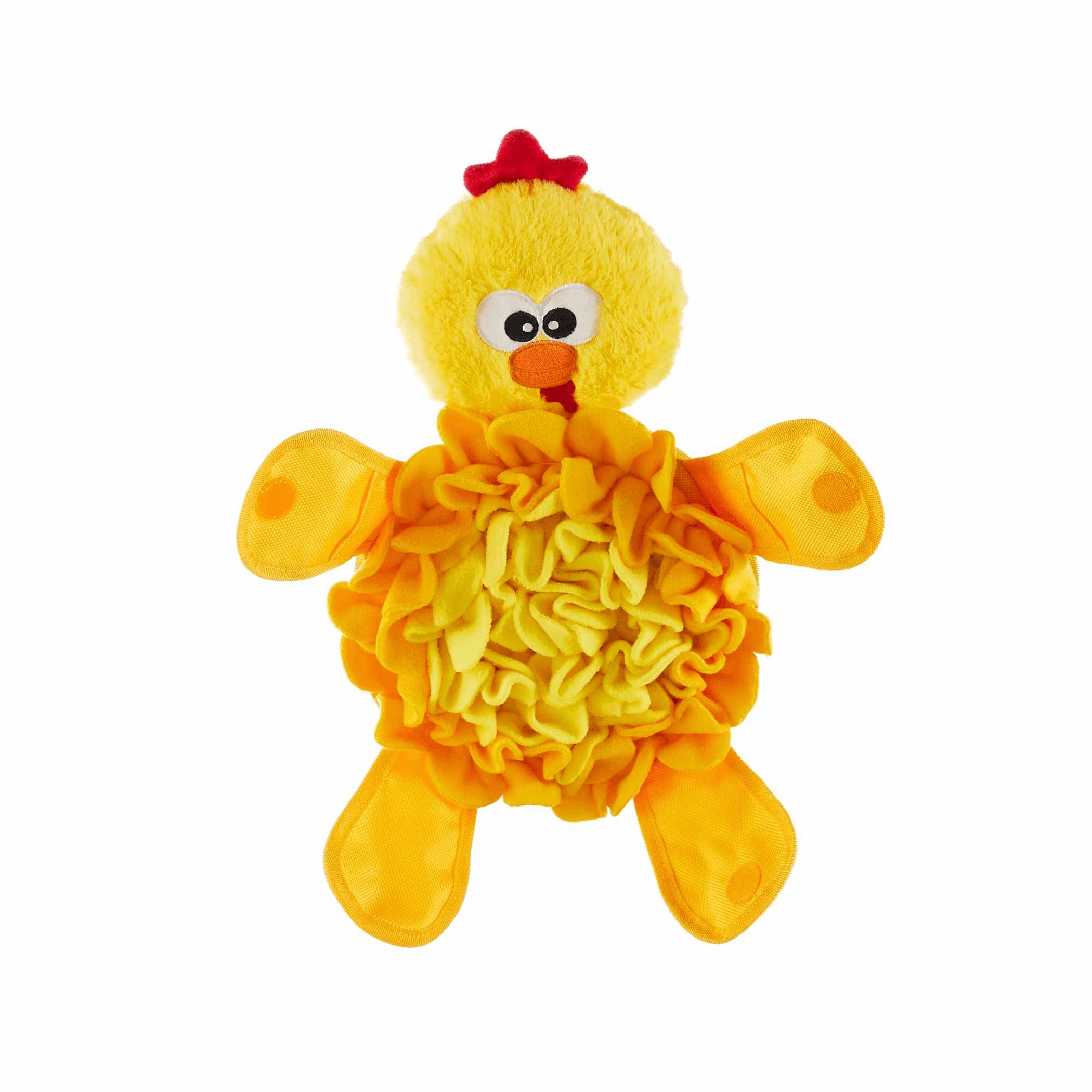 Nina Ottosson Snuffle Palz plush dog puzzle toy, yellow chicken design with red comb