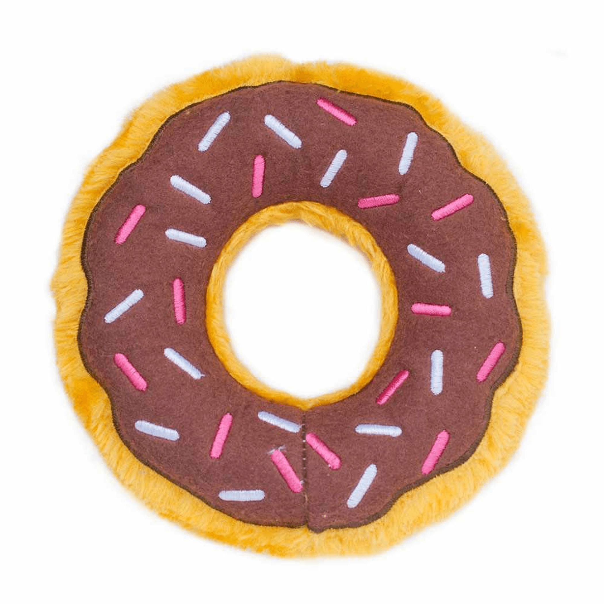 Chocolate donut plush toy with pink and white sprinkle details, yellow fuzzy edge
