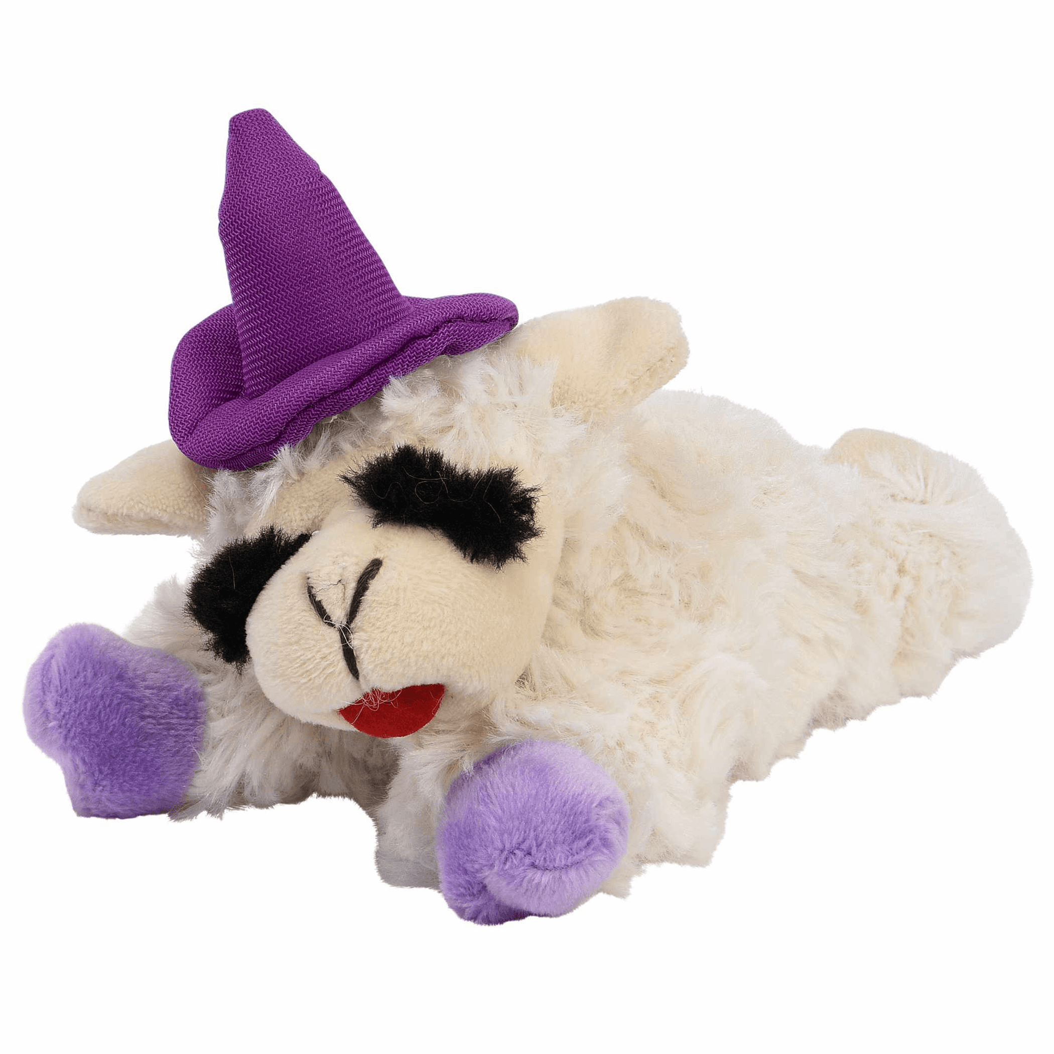 Halloween lamb chop plush toy with purple hat and purple padded feet