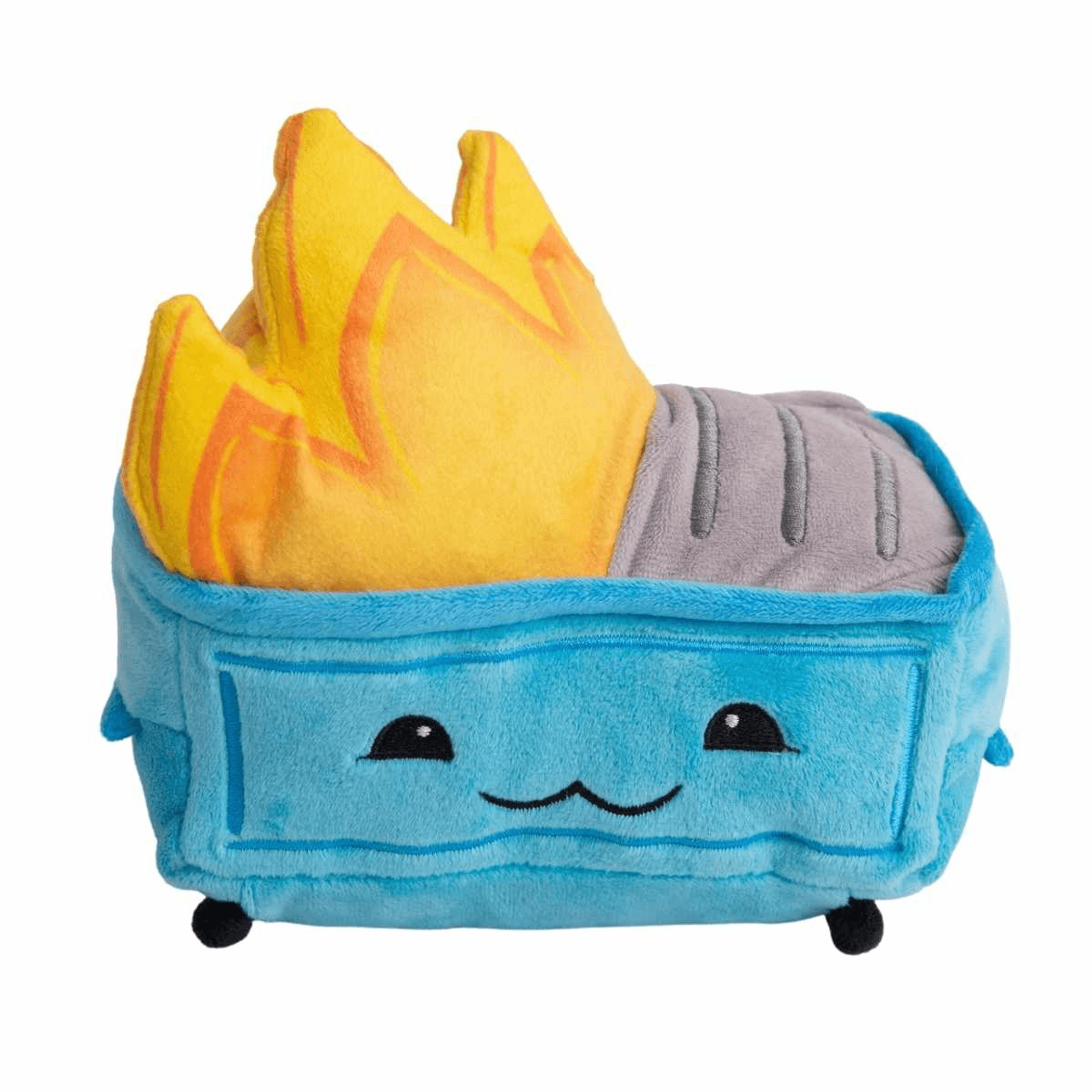 Plush dog toy shaped like a blue dumpster with a smiling face and yellow flame top