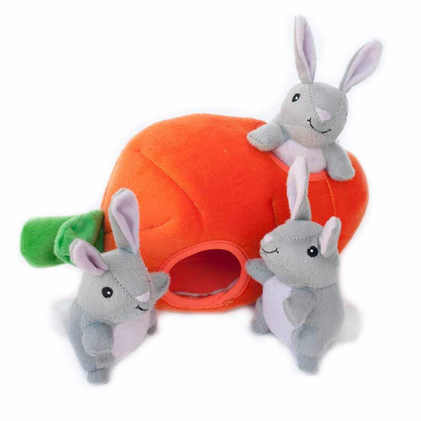 Plush burrow carrot toy with three gray bunny faces and soft interior tunnel