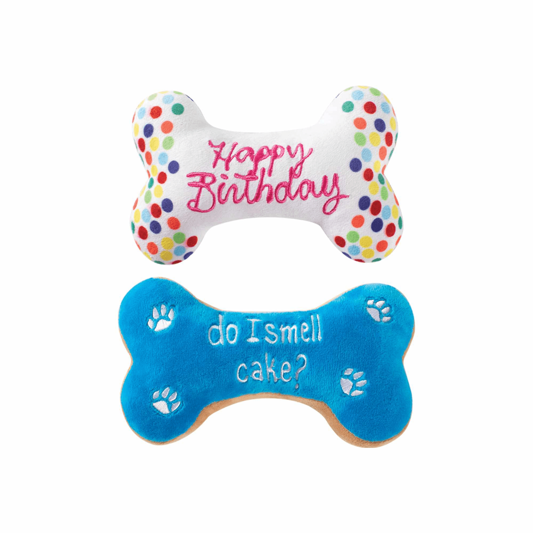 Happy Birthday bone-shaped plush dog toy, white and blue with paw prints and text