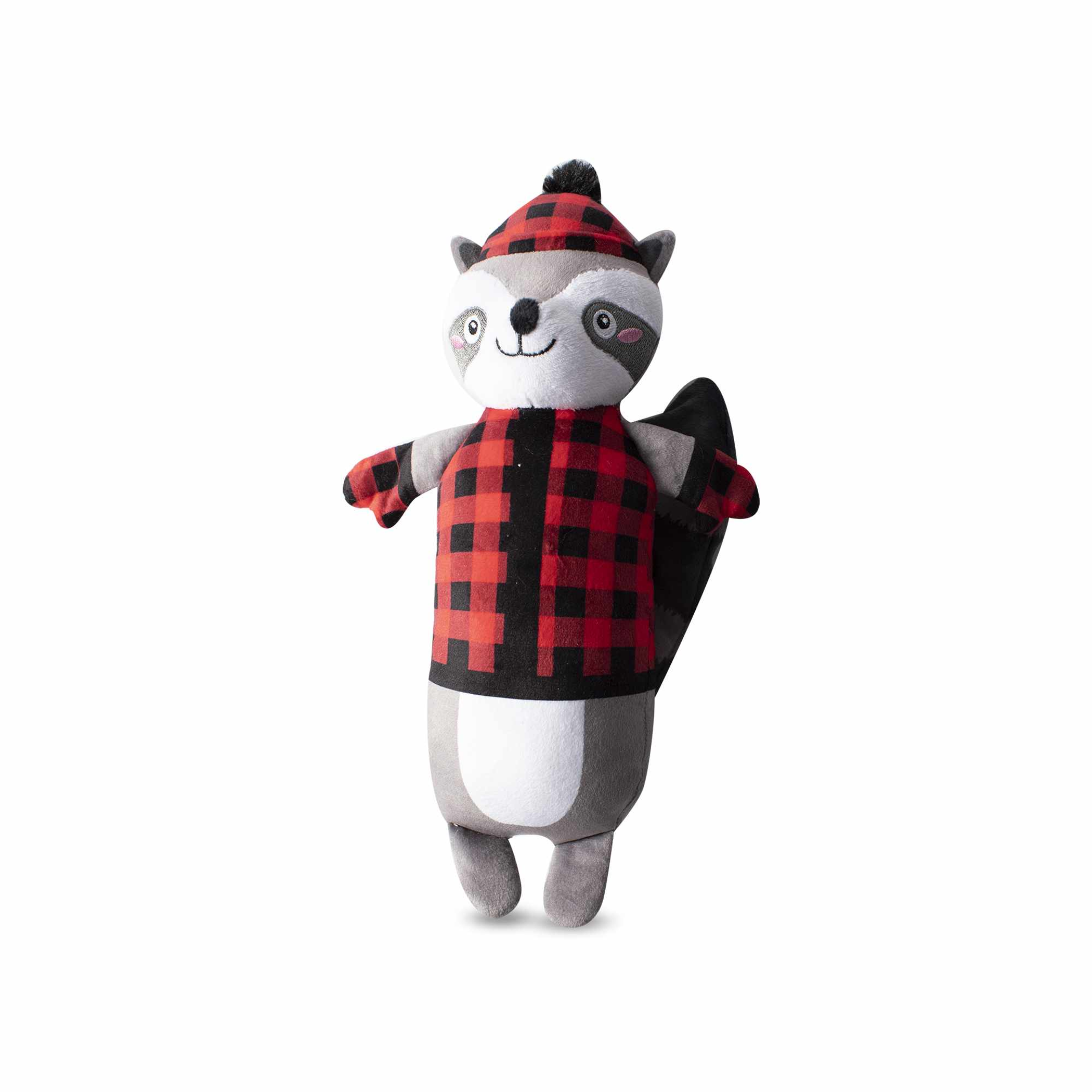 Plush dog toy raccoon with red and black plaid scarf