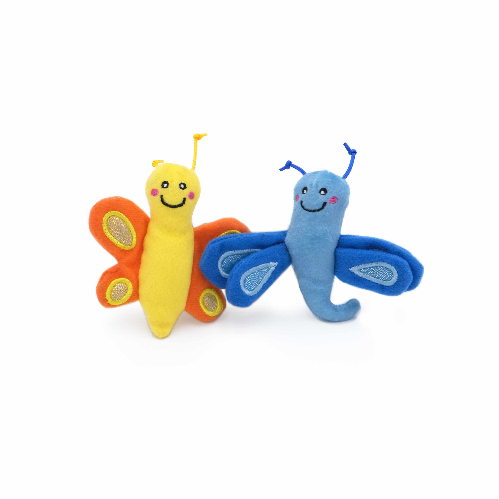 ZippyClaws 2-pack plush butterfly and dragonfly toys, yellow and blue