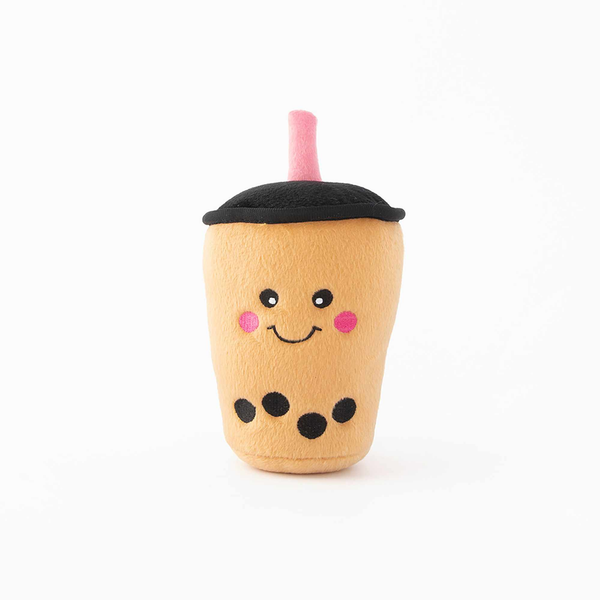 Plush dog toy drink cup, tan boba milk tea with smiling face and black lid