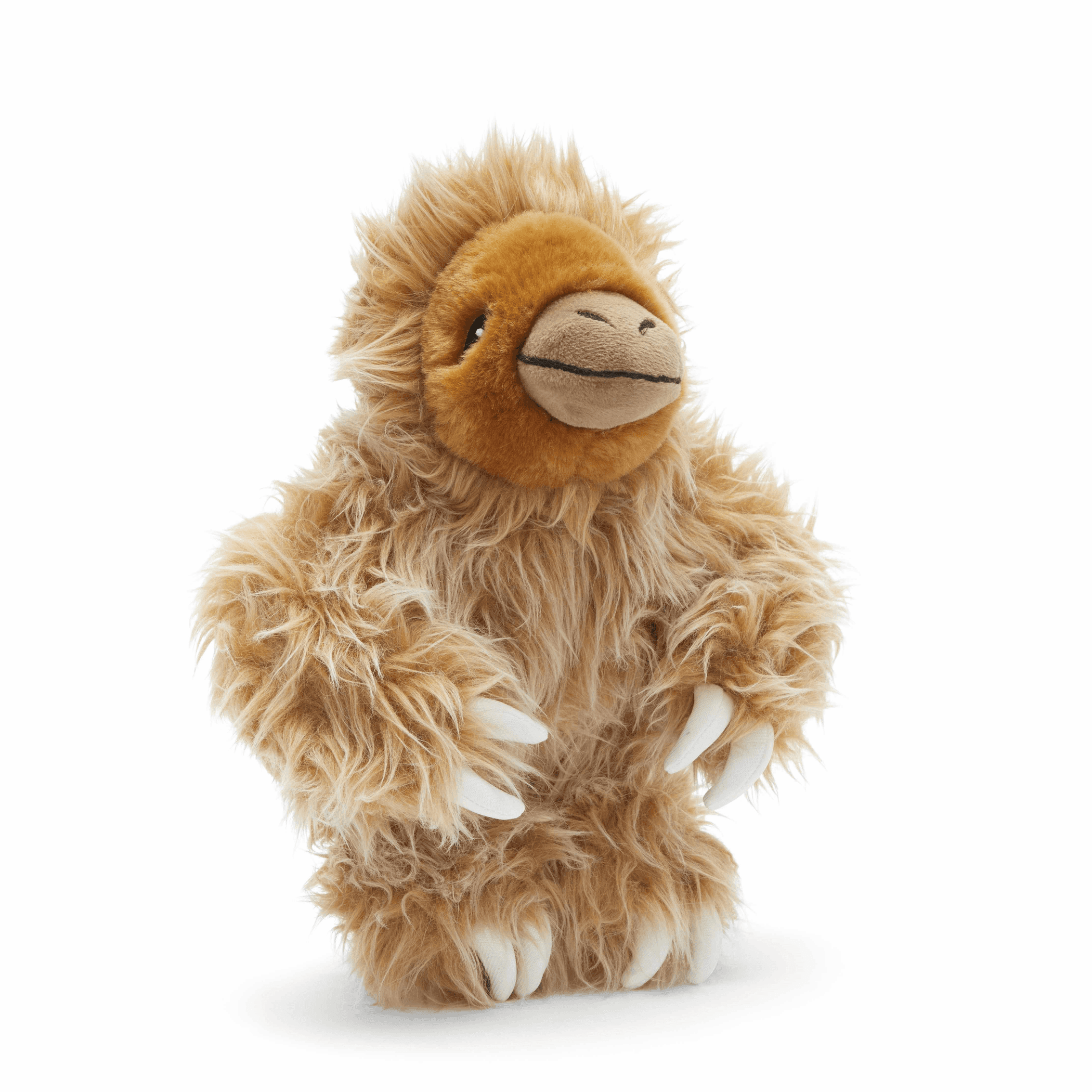 BARK Gordon giant sloth plush toy, tan shaggy fur with stitched smiling face and paws