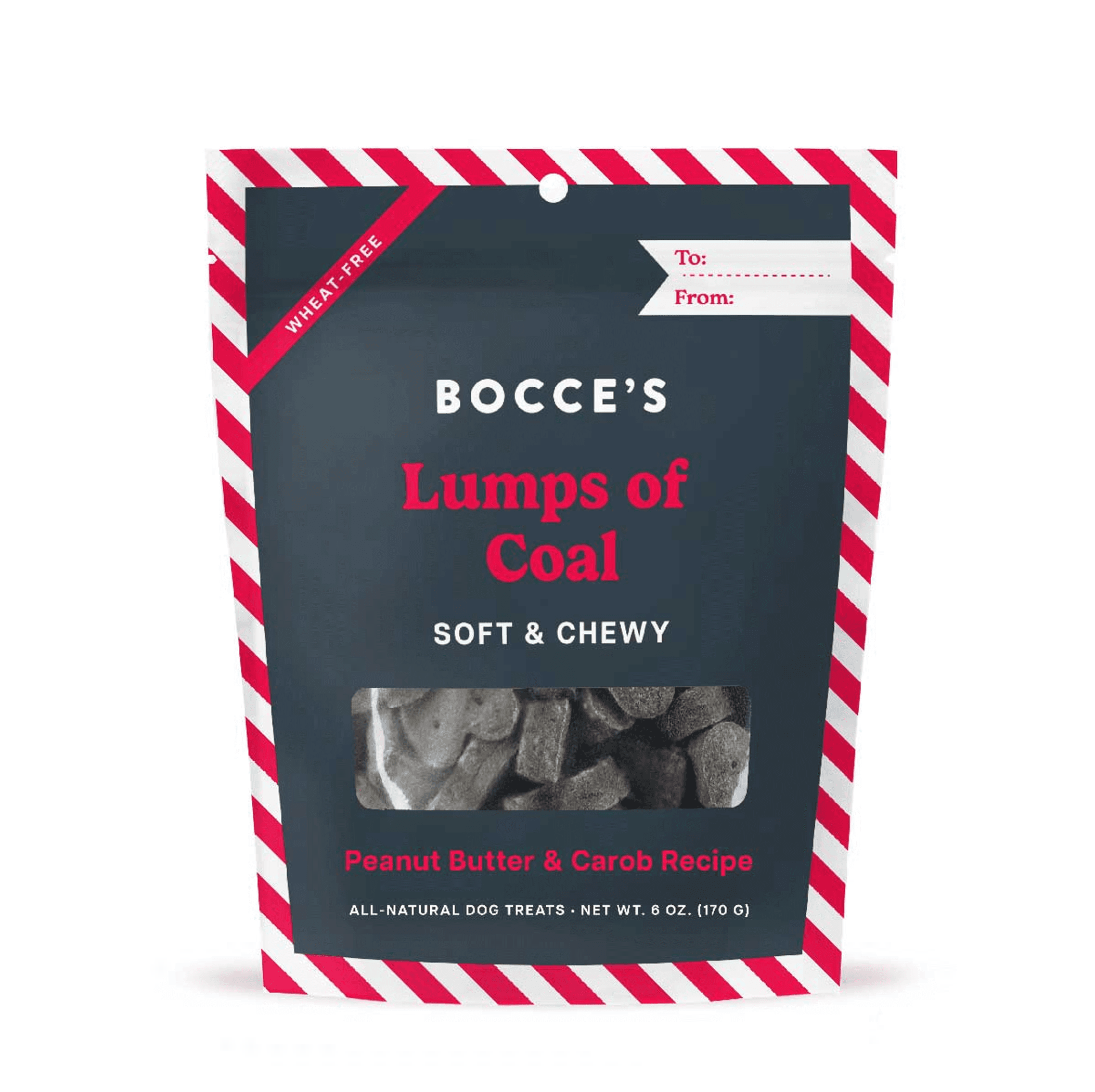 Bocce's Lumps of Coal soft & chewy dog treat pouch with dark treat pieces window