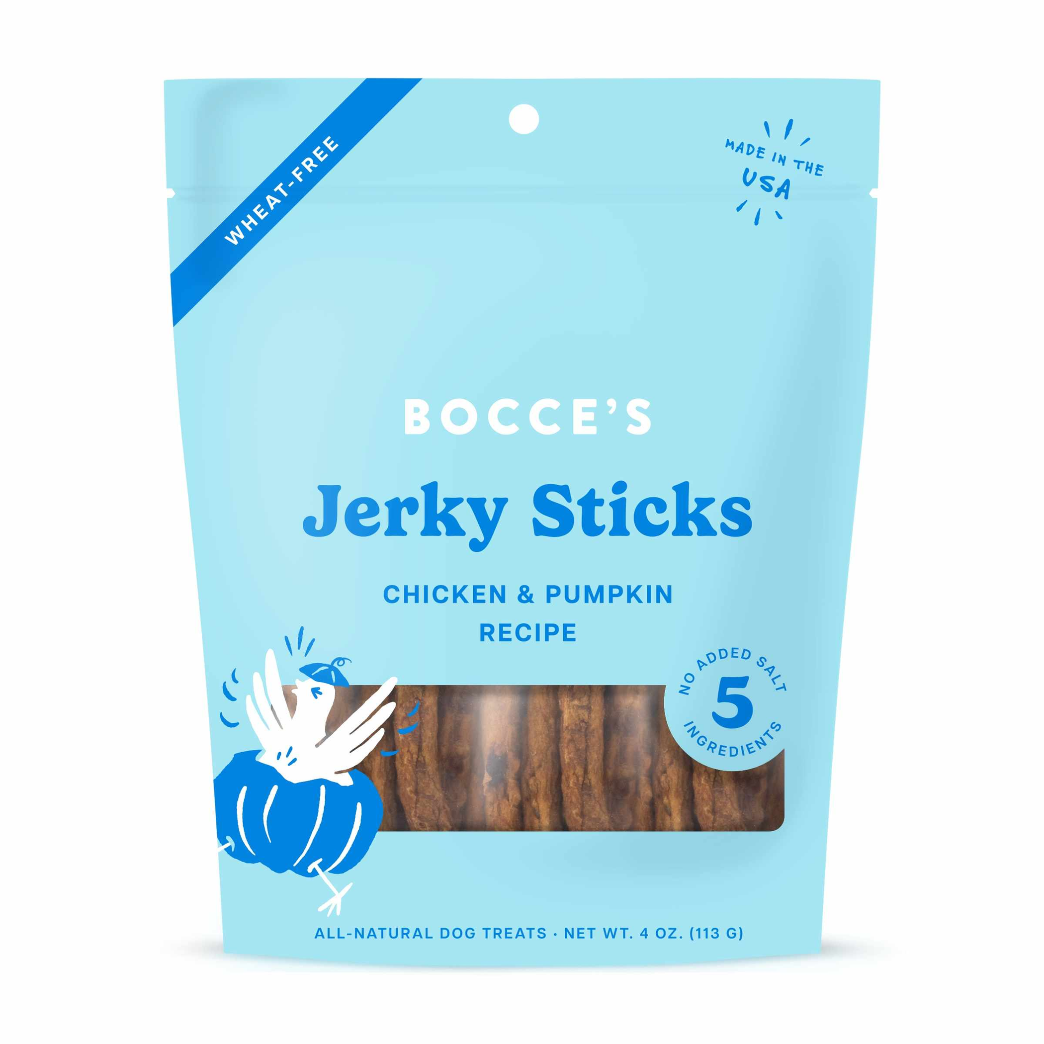 Bocce's Jerky Sticks dog treat pouch, chicken & pumpkin recipe, 4 oz