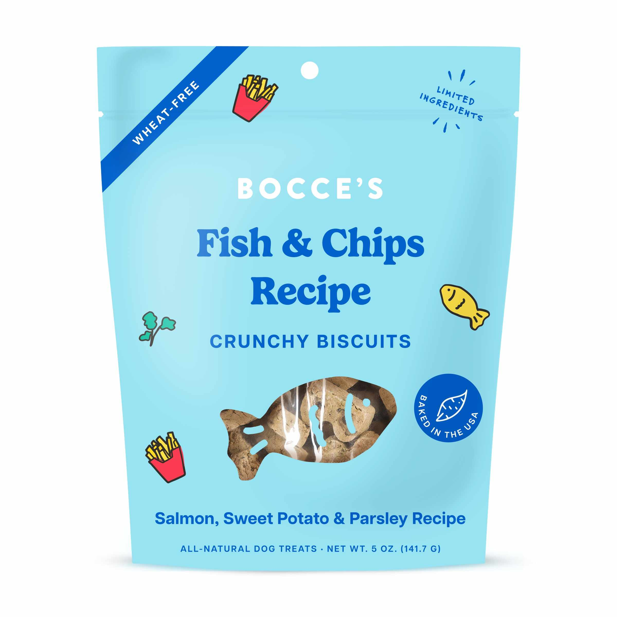 Bocce's Fish & Chips recipe crunchy biscuit dog treat pouch, 5 oz