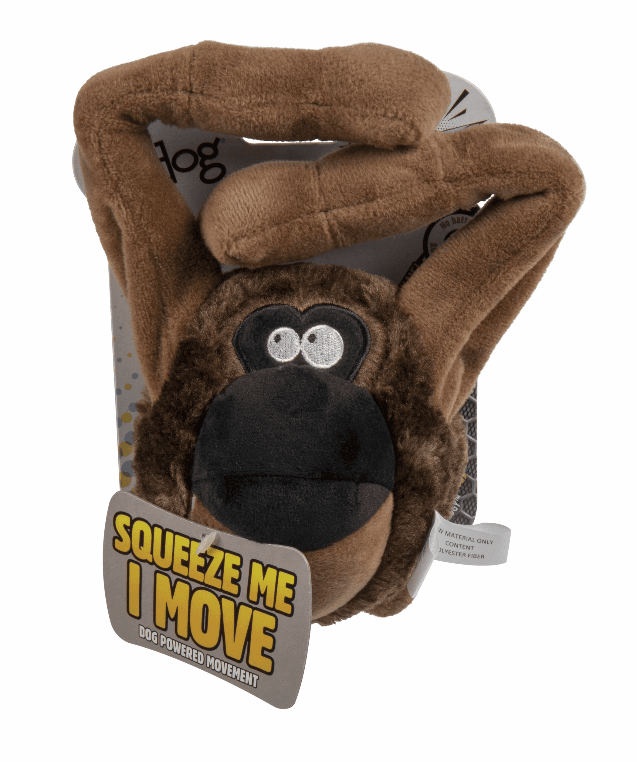 Brown plush ape-shaped dog toy with black nose, wide eyes, and 'SQUEEZE ME MOVE' tag