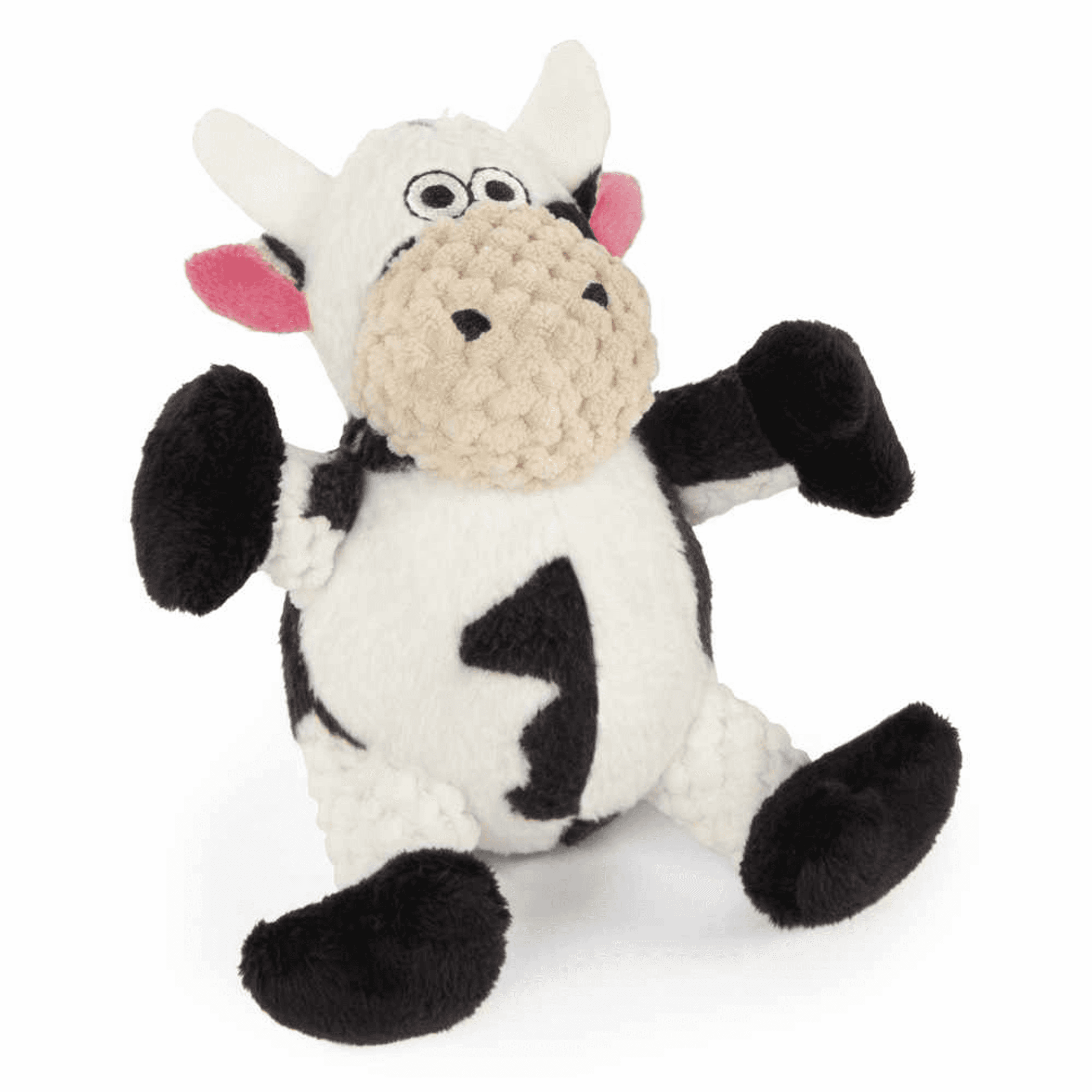 Sitting cow plush dog toy with black-and-white checkered patches and squeaker-style face
