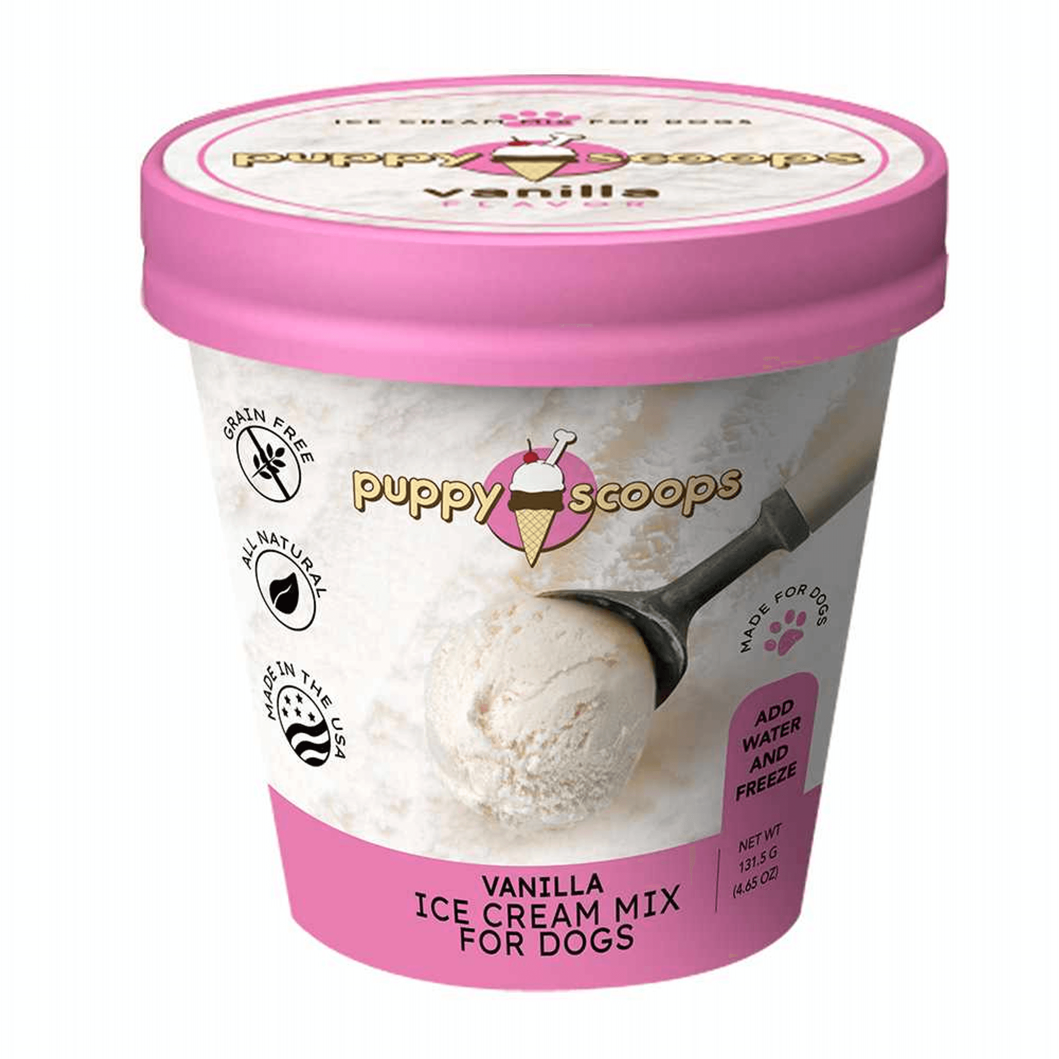 Vanilla ice cream mix for dogs pint tub with pink lid and label