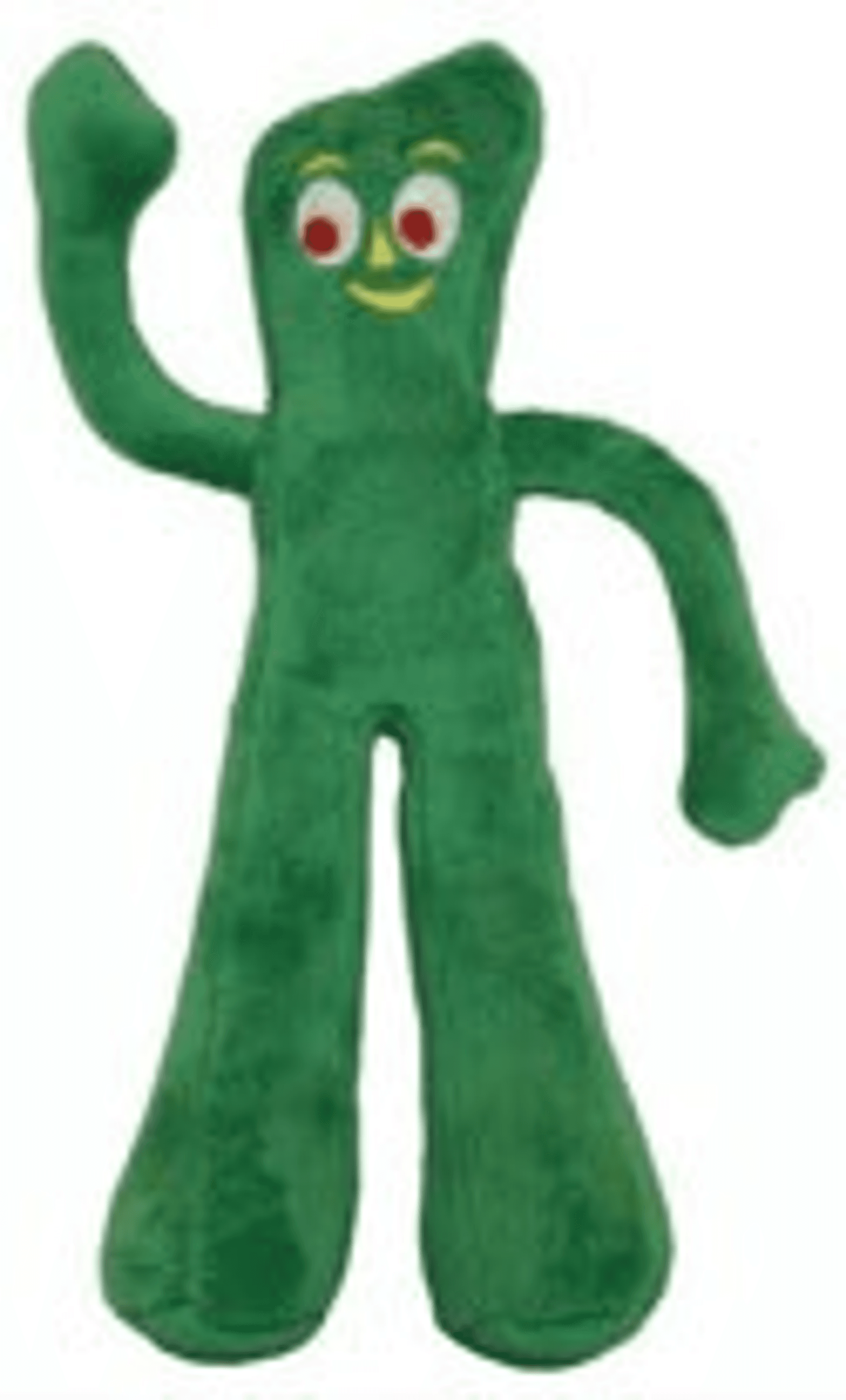 Green plush dog toy figure with long arms, legs, and big red-and-white eyes
