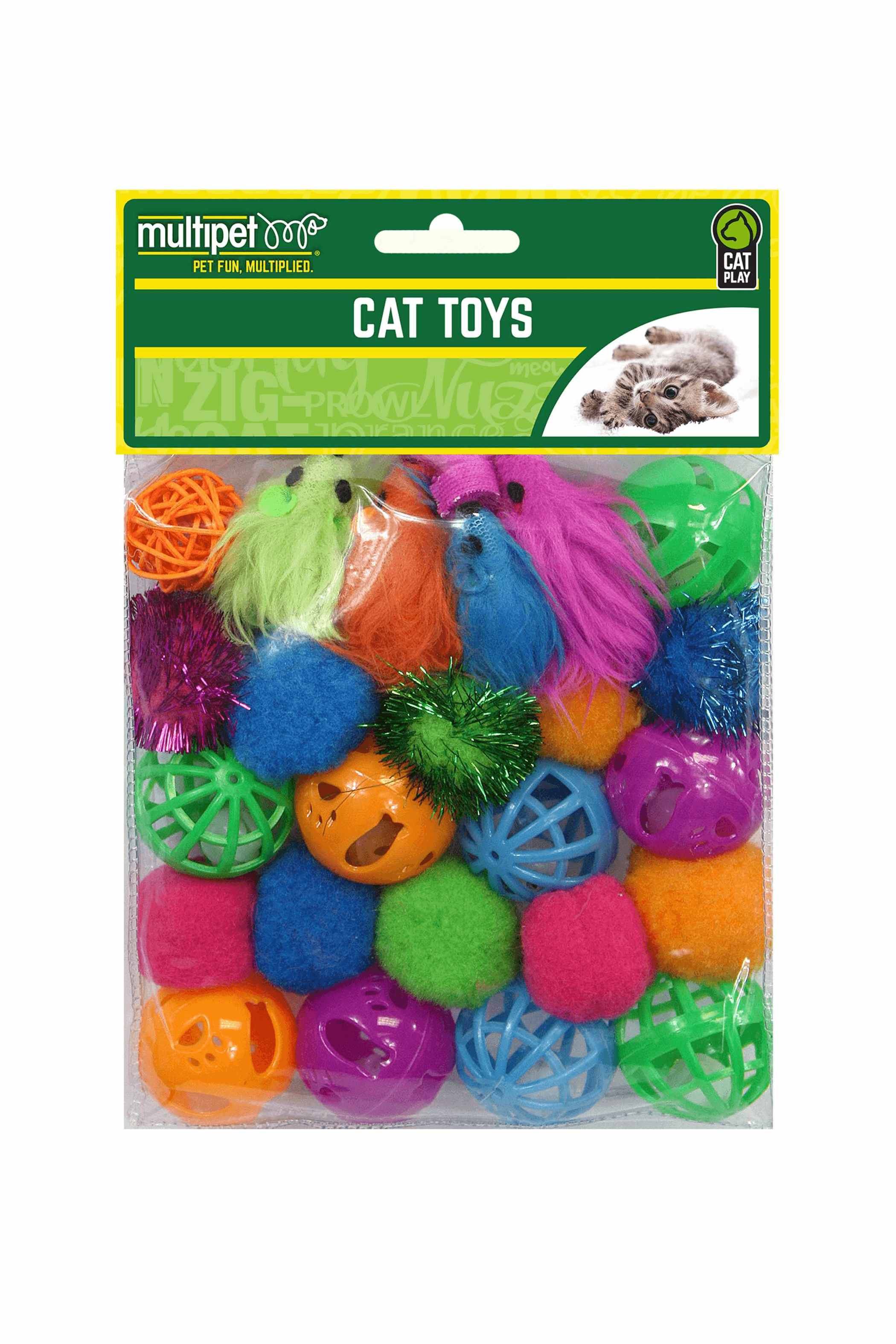Cat toy value pack: assorted plush balls, feathers, and crinkle ball toys in bright colors