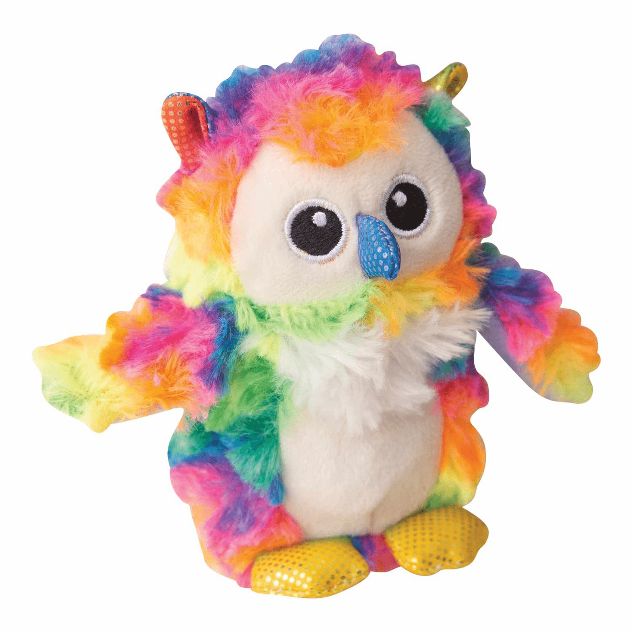 Colorful plush owl dog toy with big eyes and rainbow fuzzy feathers