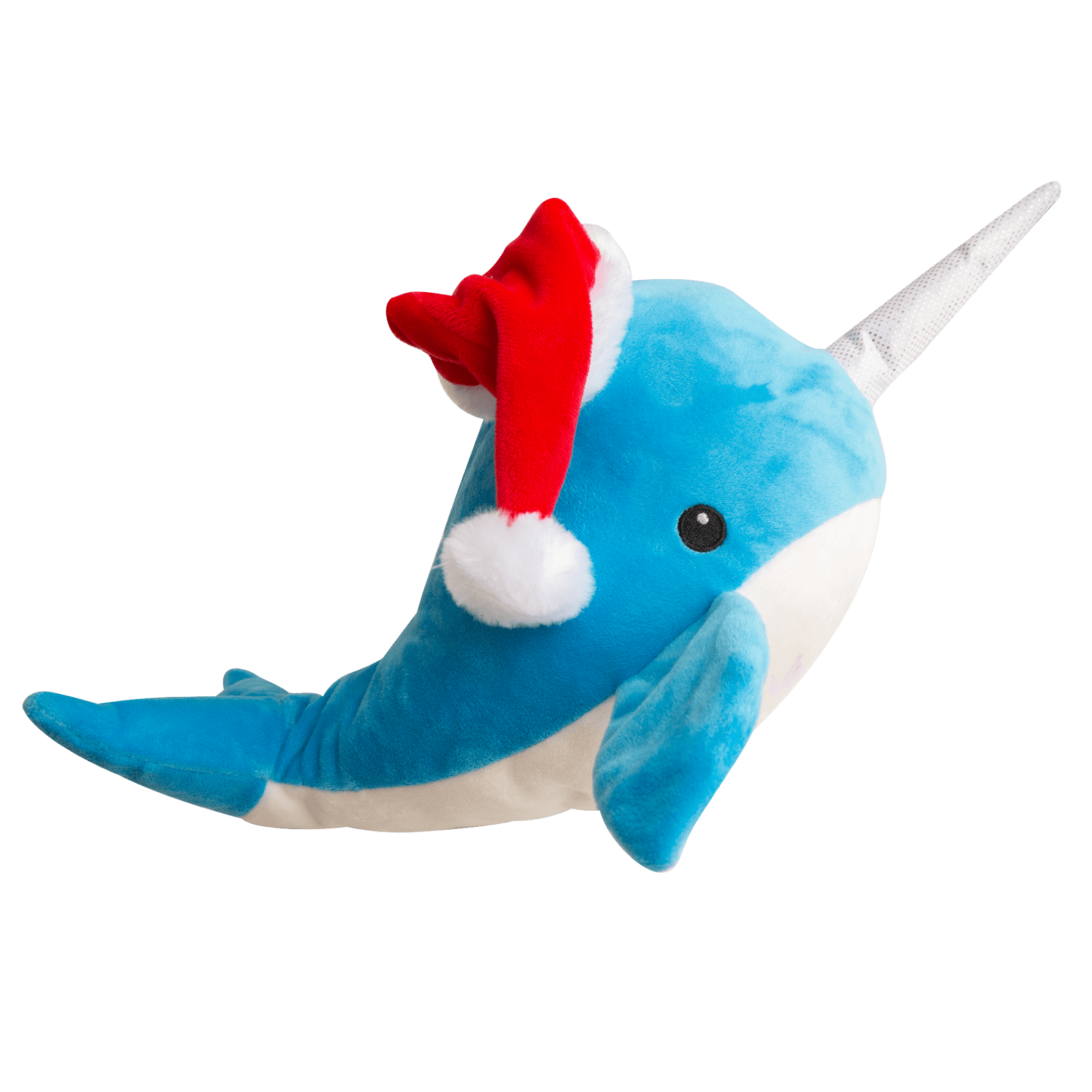 Blue plush narwhal stuffed toy with red Santa hat, white trim, small black eye