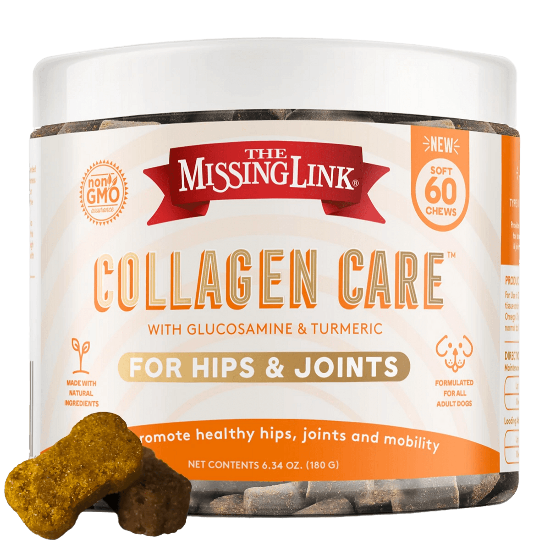The Missing Link Collagen Care hips & joints soft chews jar with orange label