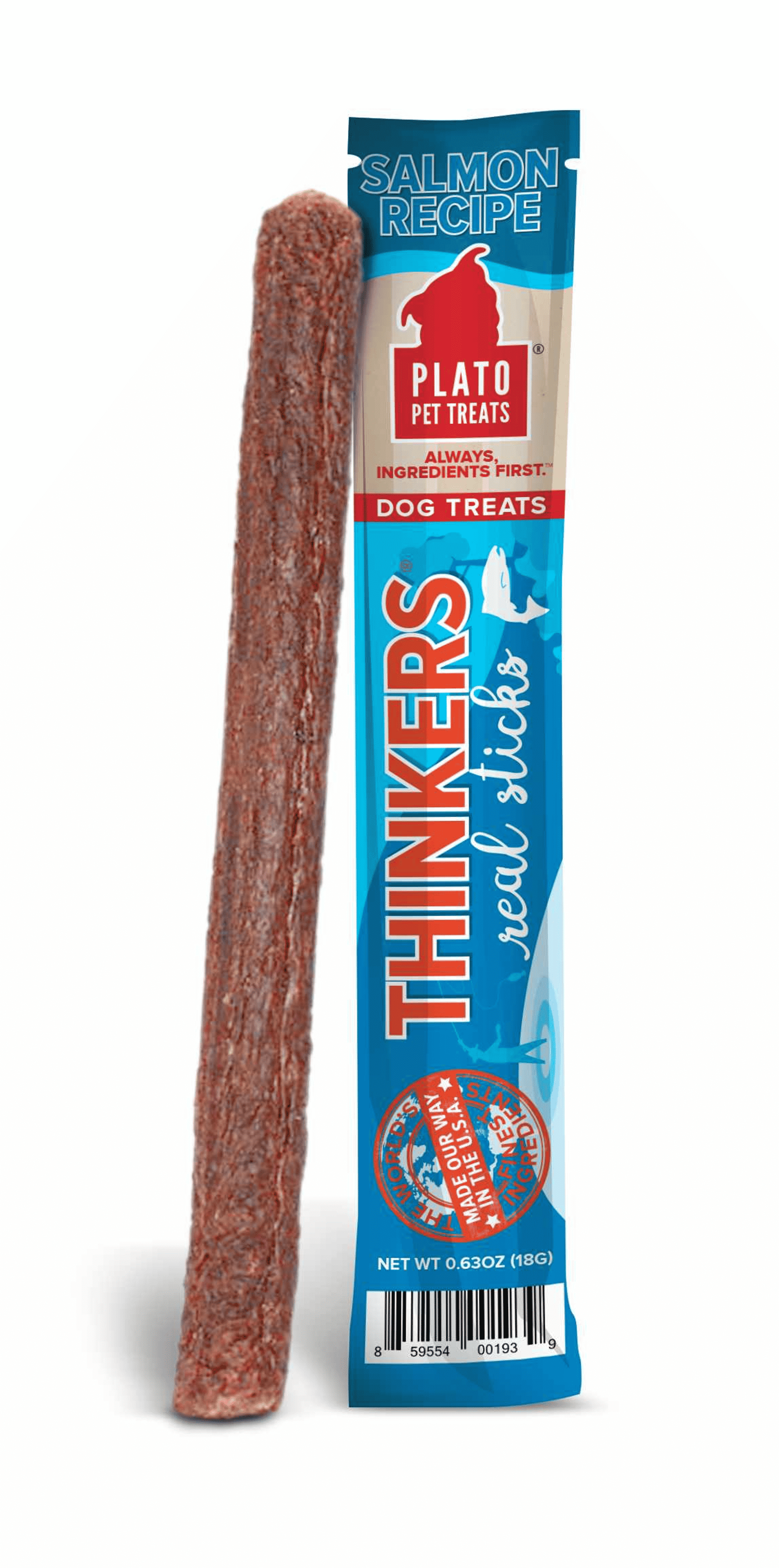 Salmon dog treat stick with single-pack wrapper