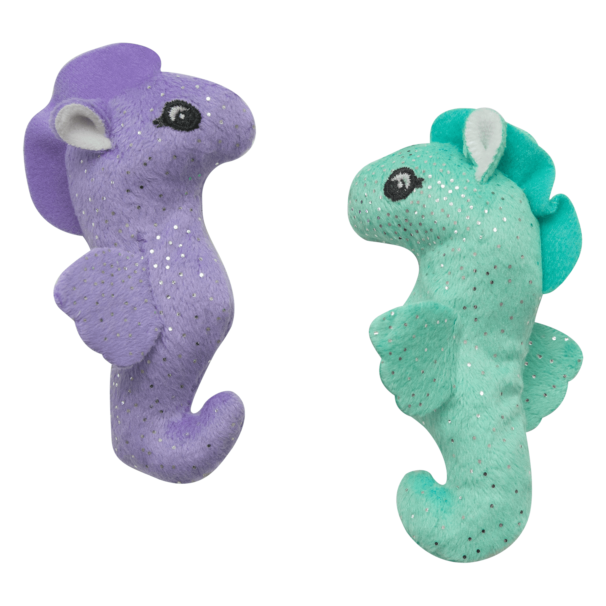 Plush seahorse-shaped catnip toys, purple and teal speckled fabric, set of 2
