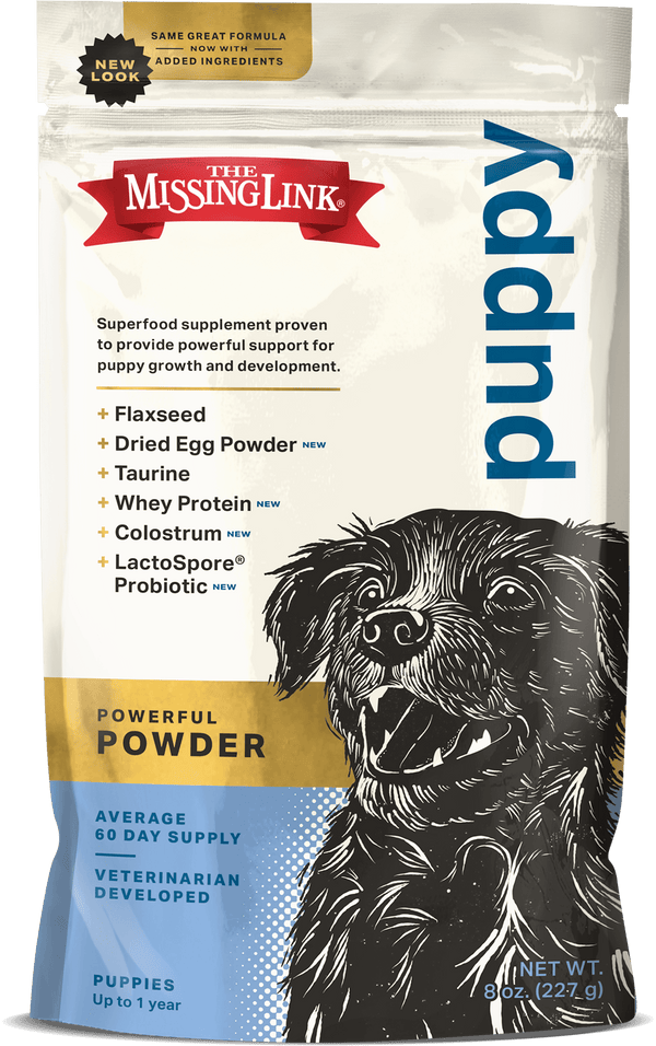 Dog supplement powder pouch for puppies, 8 oz; blue and white bag with dog illustration.