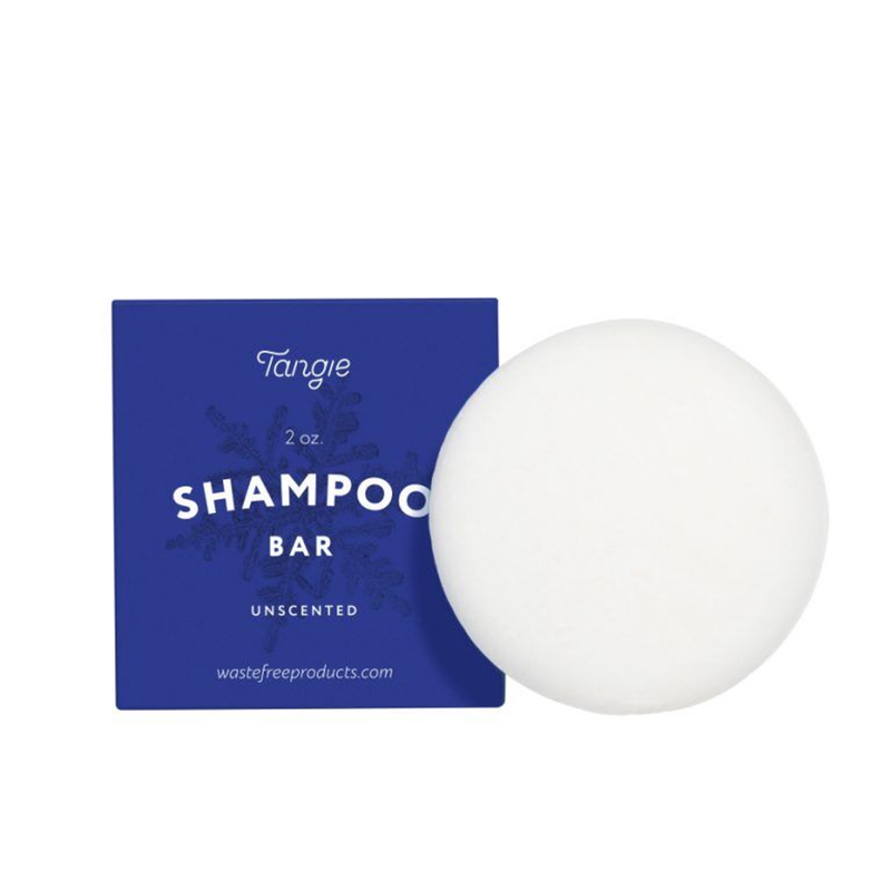Unscented zero waste shampoo bar, white round bar with blue unscented package