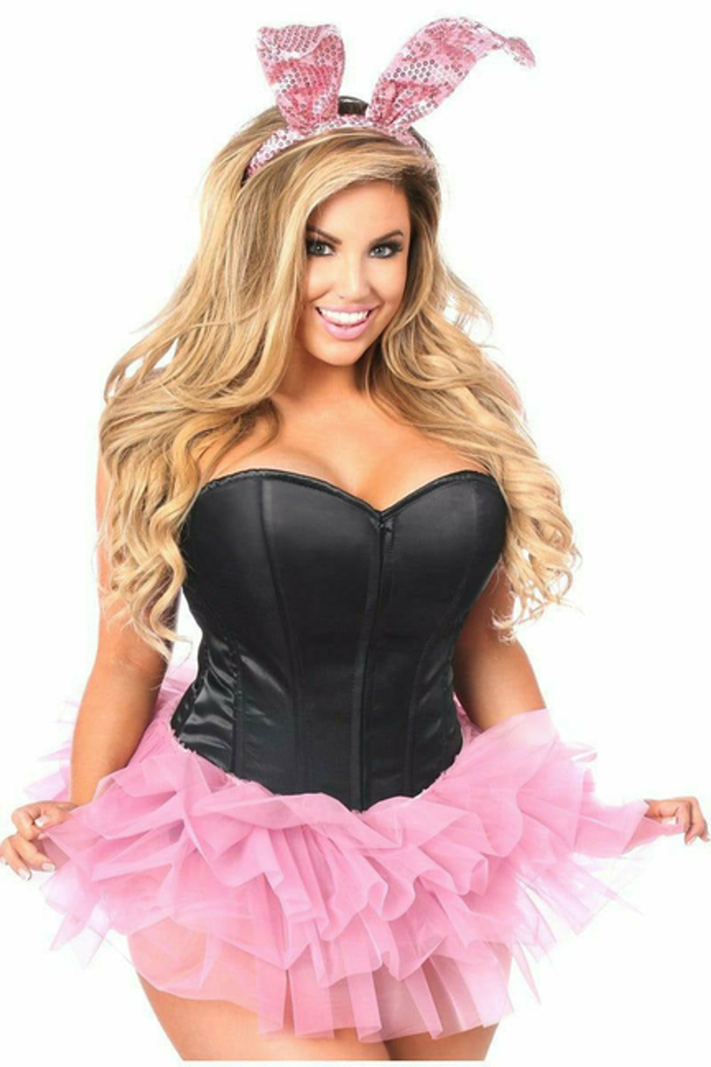 Black sweetheart corset with pink tulle tutu skirt and bunny ears headband