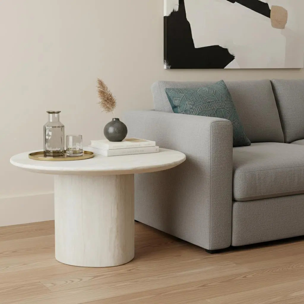 17" Beige Marble Oval Pedestal End Table Homeroots Living Room