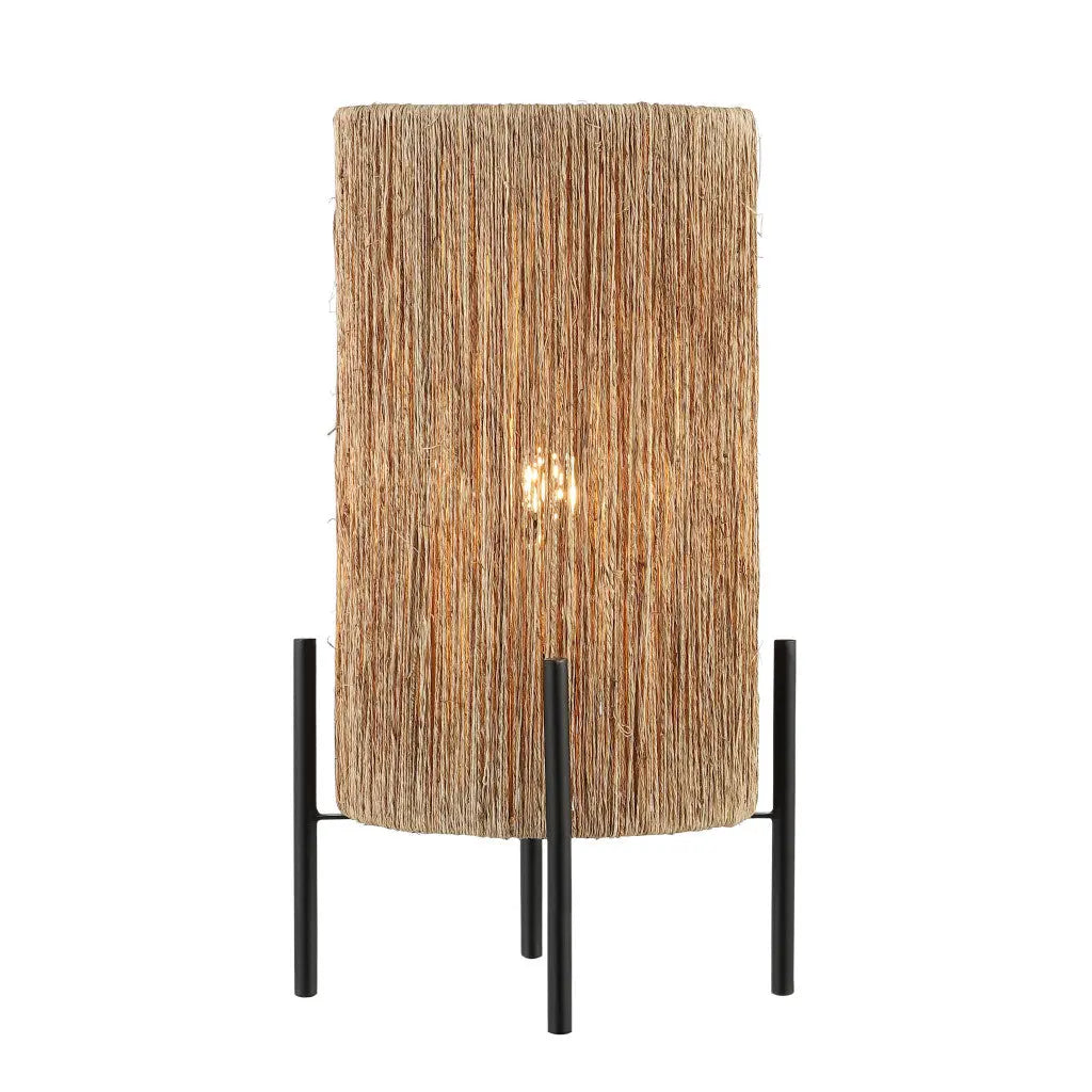 Natural fiber table lamp with a textured straw shade and black metal base, perfect for modern rustic decor.
