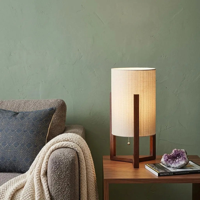 17" Brown Solid Wood Bedside Table Lamp With Natural Cylinder Shade Homeroots Lighting
