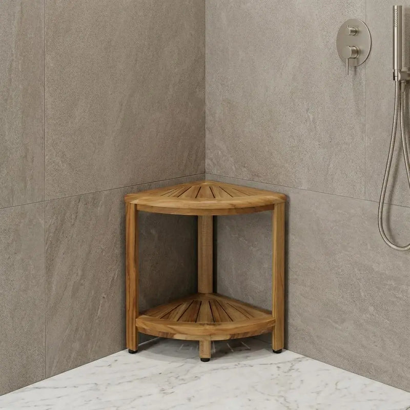 17" Brown Teak Corner Shower Bench With Shelf Homeroots Bed & Bath