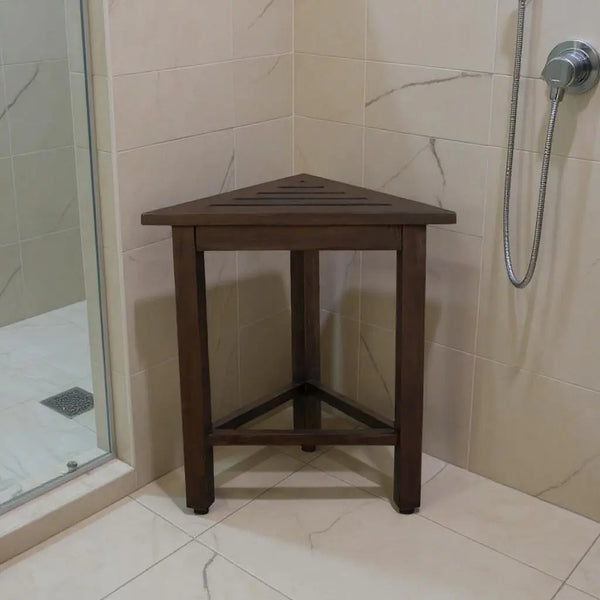 17" Dark Brown Teak Corner Shower Bench Homeroots Bed & Bath
