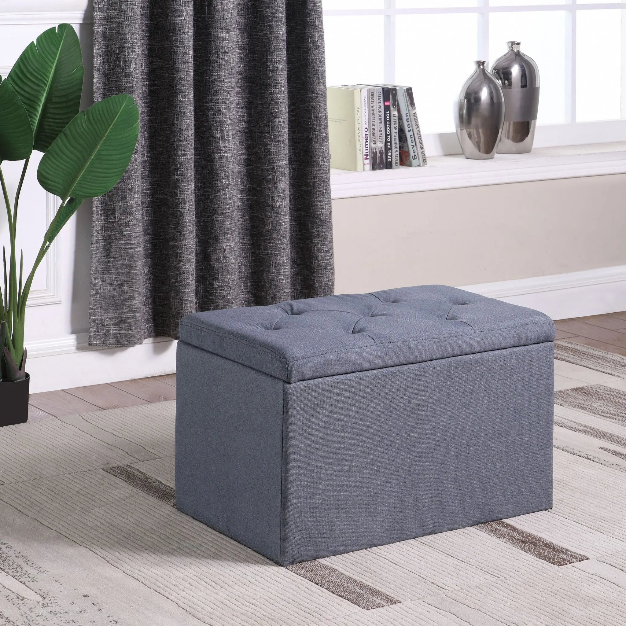 17" Dark Gray Linen Tufted Storage Ottoman Homeroots Living Room