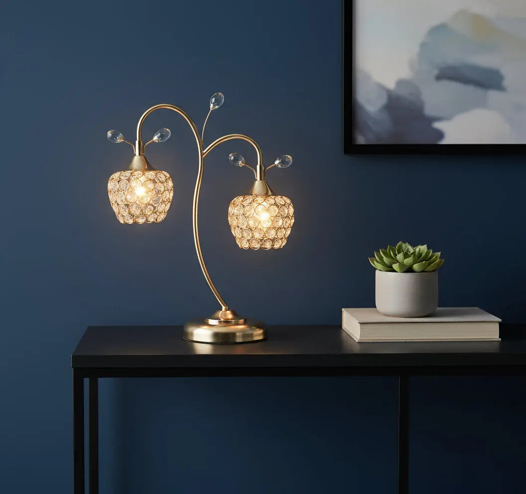 17" Gold Two Light Bedside Table Lamp With Clear Novelty Shade Homeroots Lighting