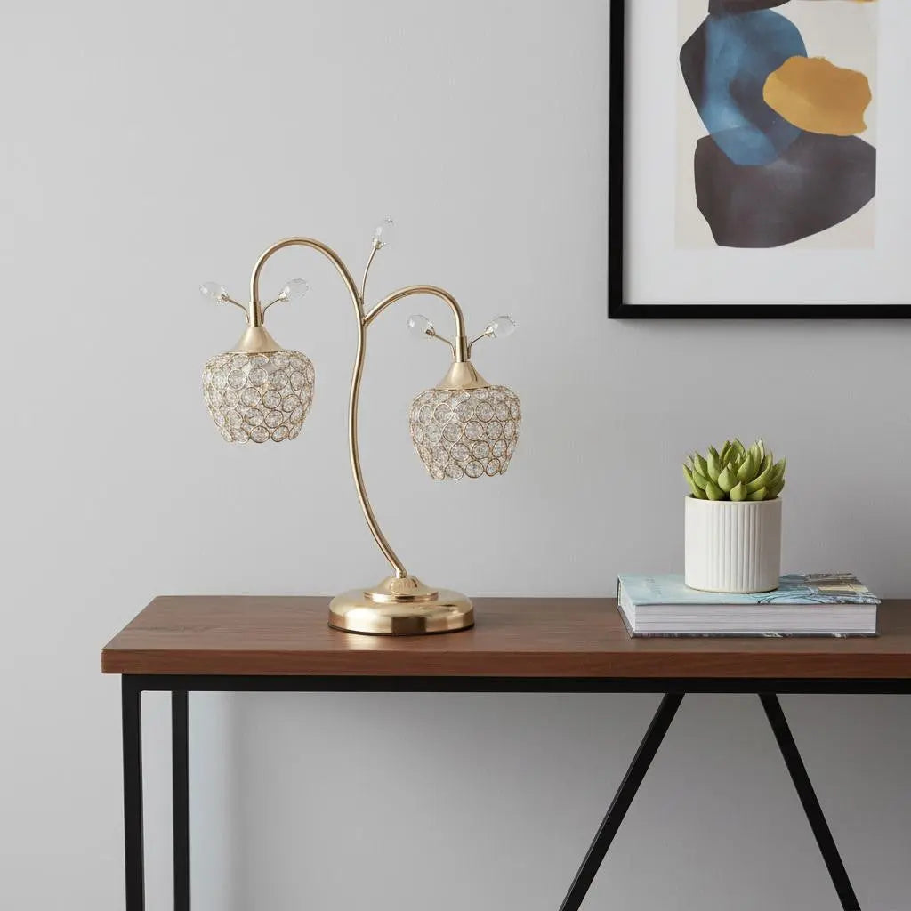 17" Gold Two Light Bedside Table Lamp With Clear Novelty Shade Homeroots Lighting