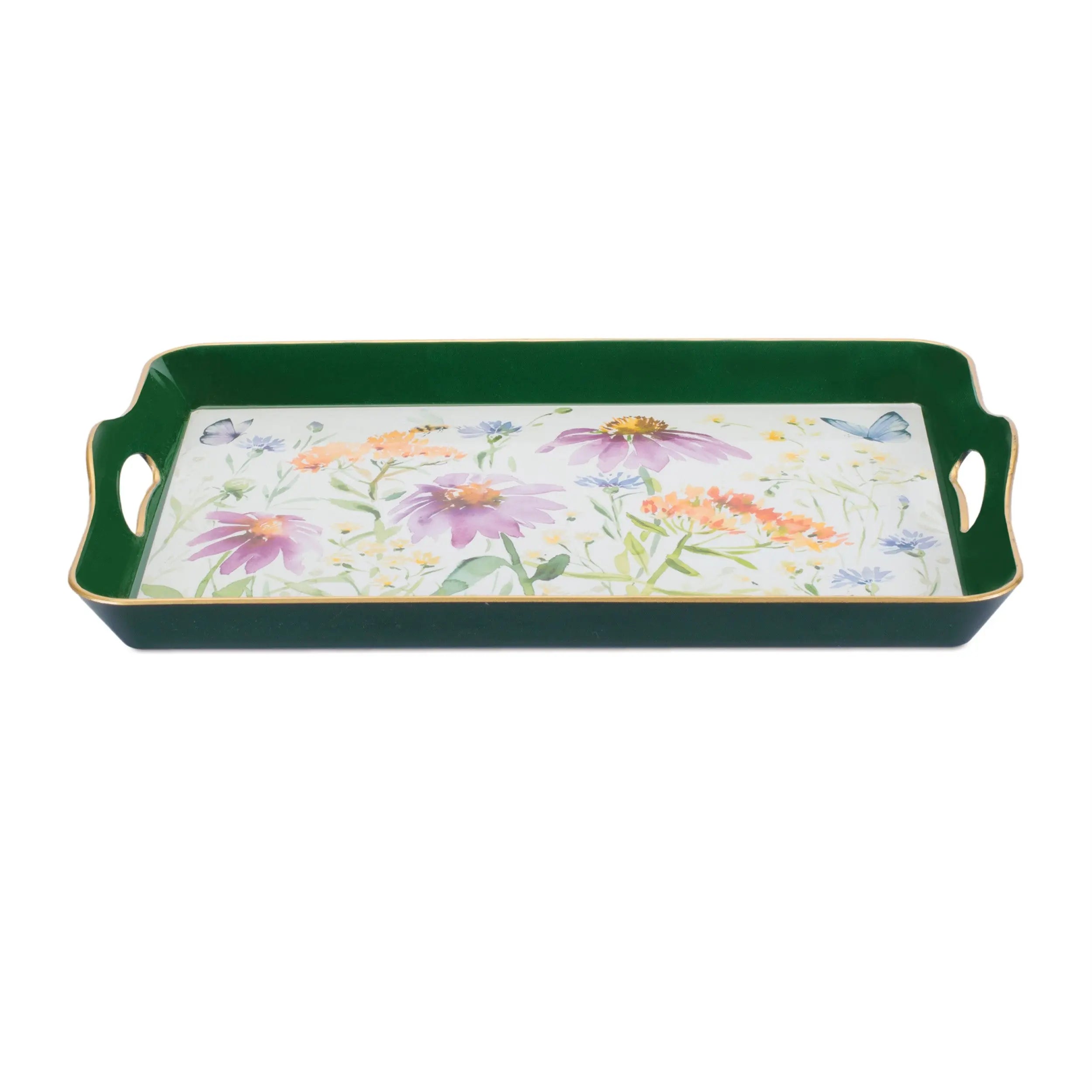 17" Green And White Watercolor Floral Serving Tray With Handles Homeroots Kitchen & Dining
