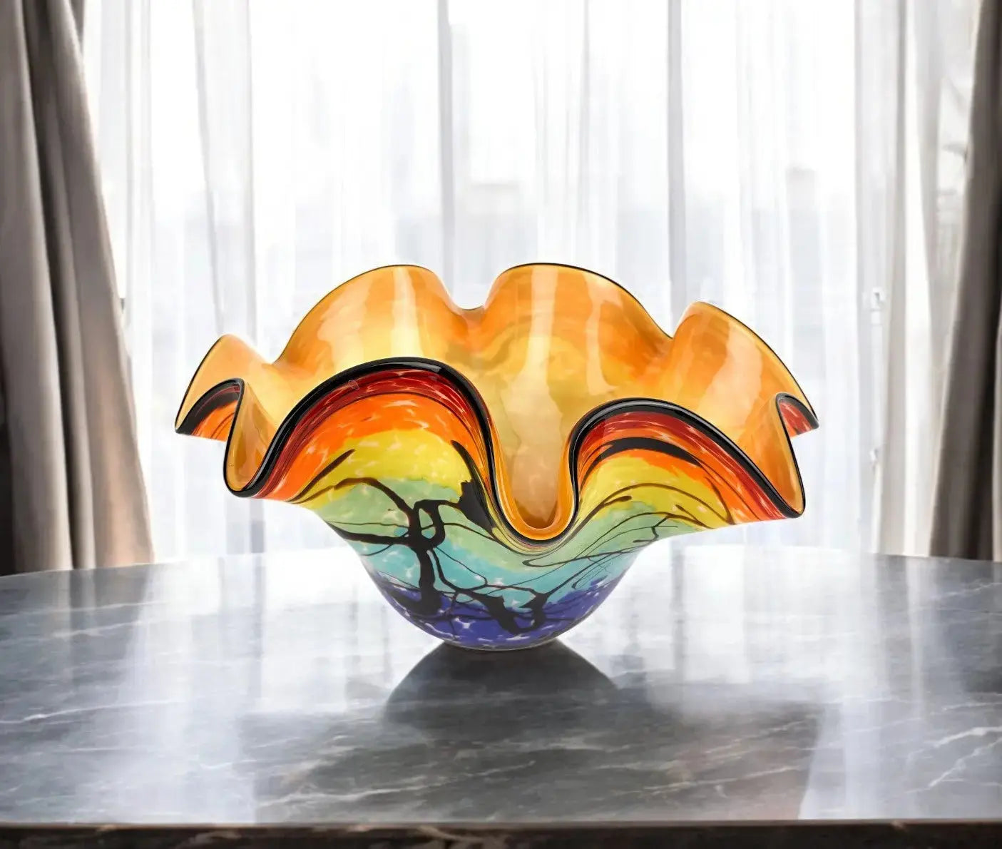 17" Red Yellow and Green Wavy Glass Centerpiece Bowl Homeroots Kitchen & Dining